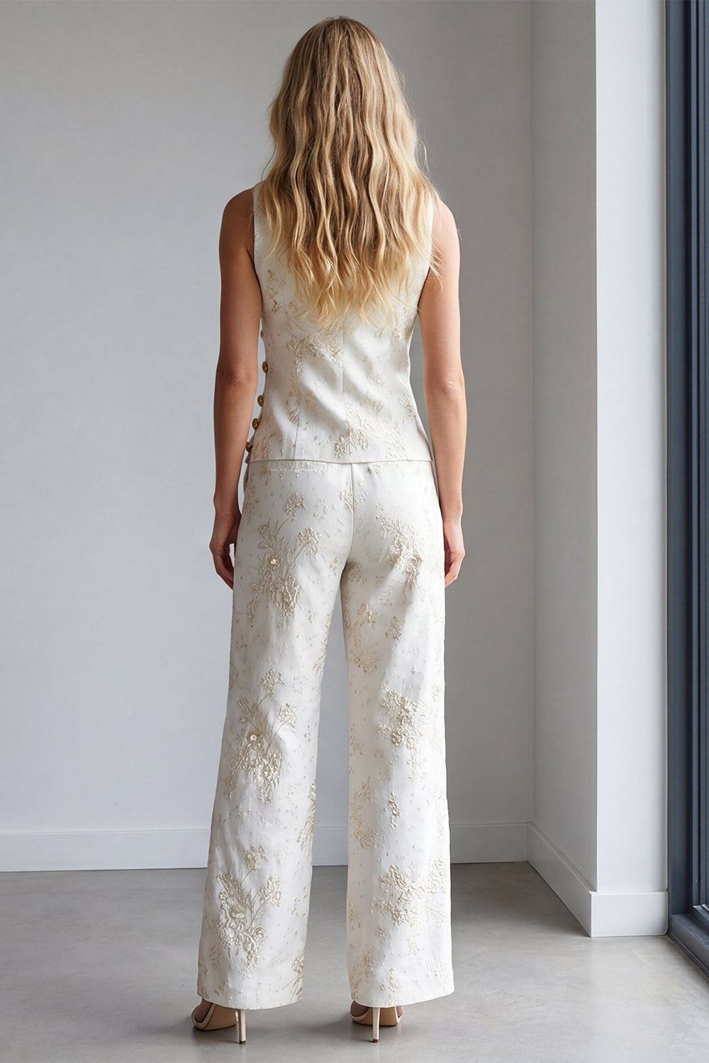 2 Piece Ivory Floral Single Breasted Notched Lapel Business Suits