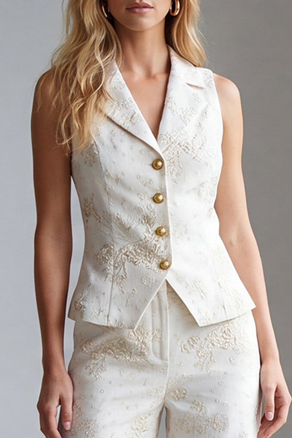 2 Piece Ivory Floral Single Breasted Notched Lapel Business Suits