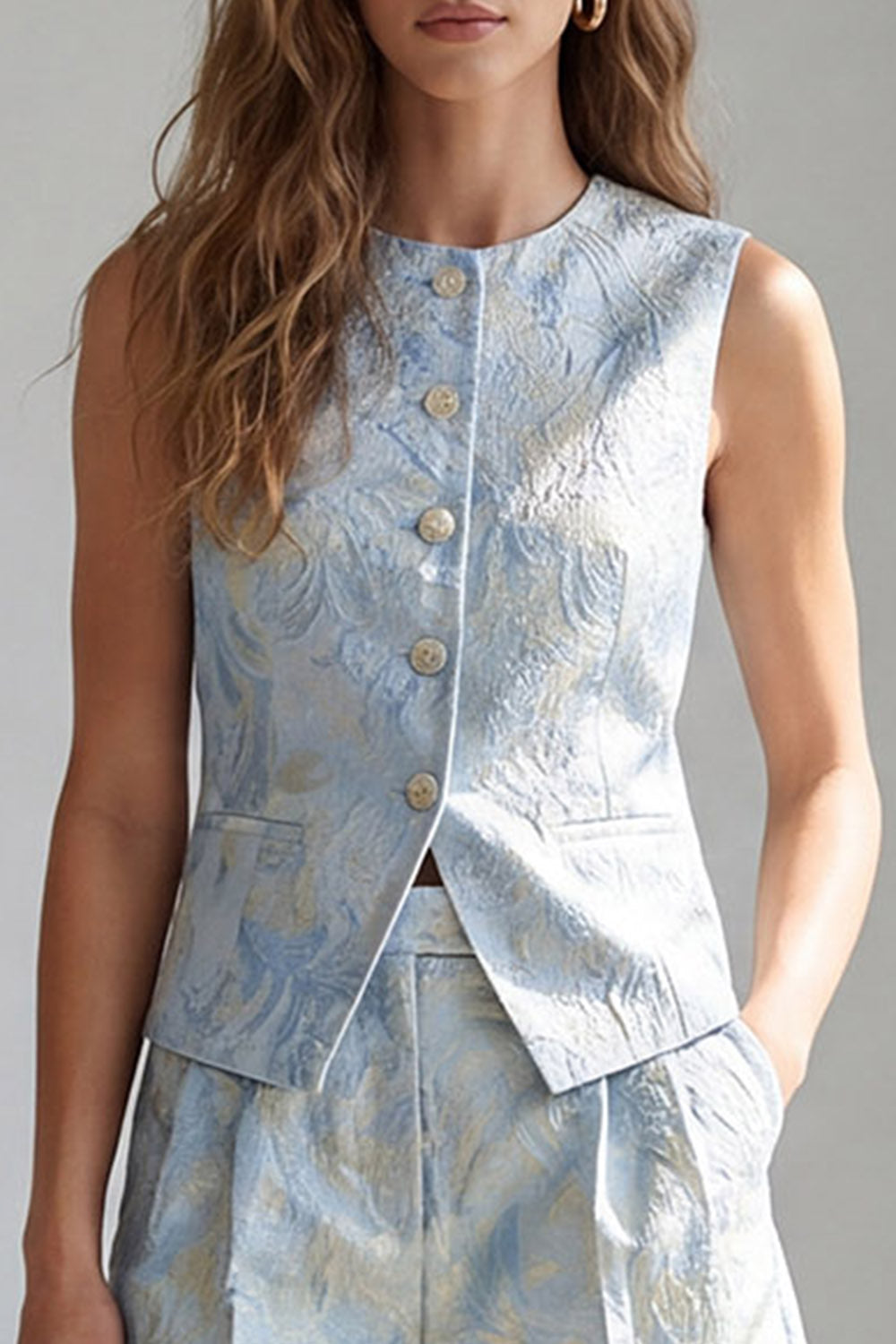 2 Piece Light Blue Jacquard Single Breasted Round Neck Business Suits