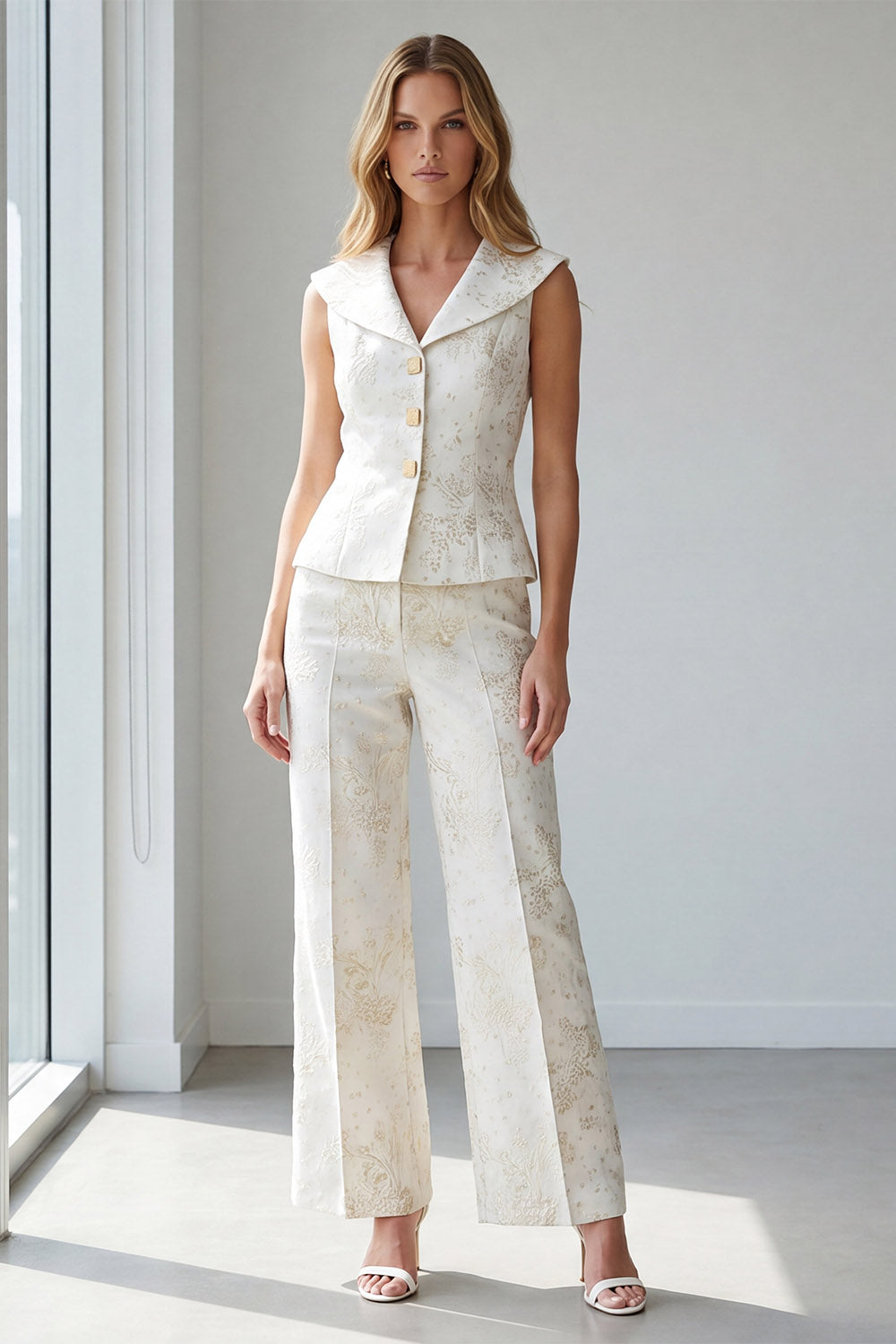 2 Piece Ivory Jacquard Single Breasted V Neck Business Suits