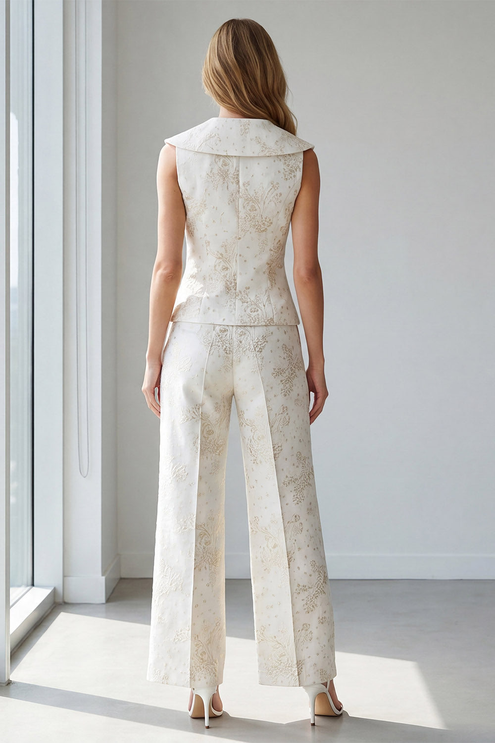 2 Piece Ivory Jacquard Single Breasted V Neck Business Suits