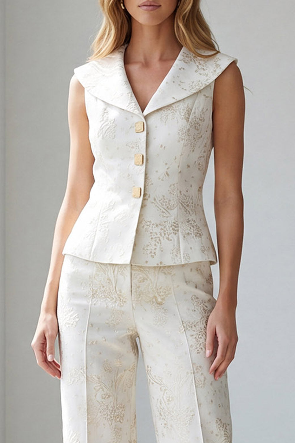 2 Piece Ivory Jacquard Single Breasted V Neck Business Suits