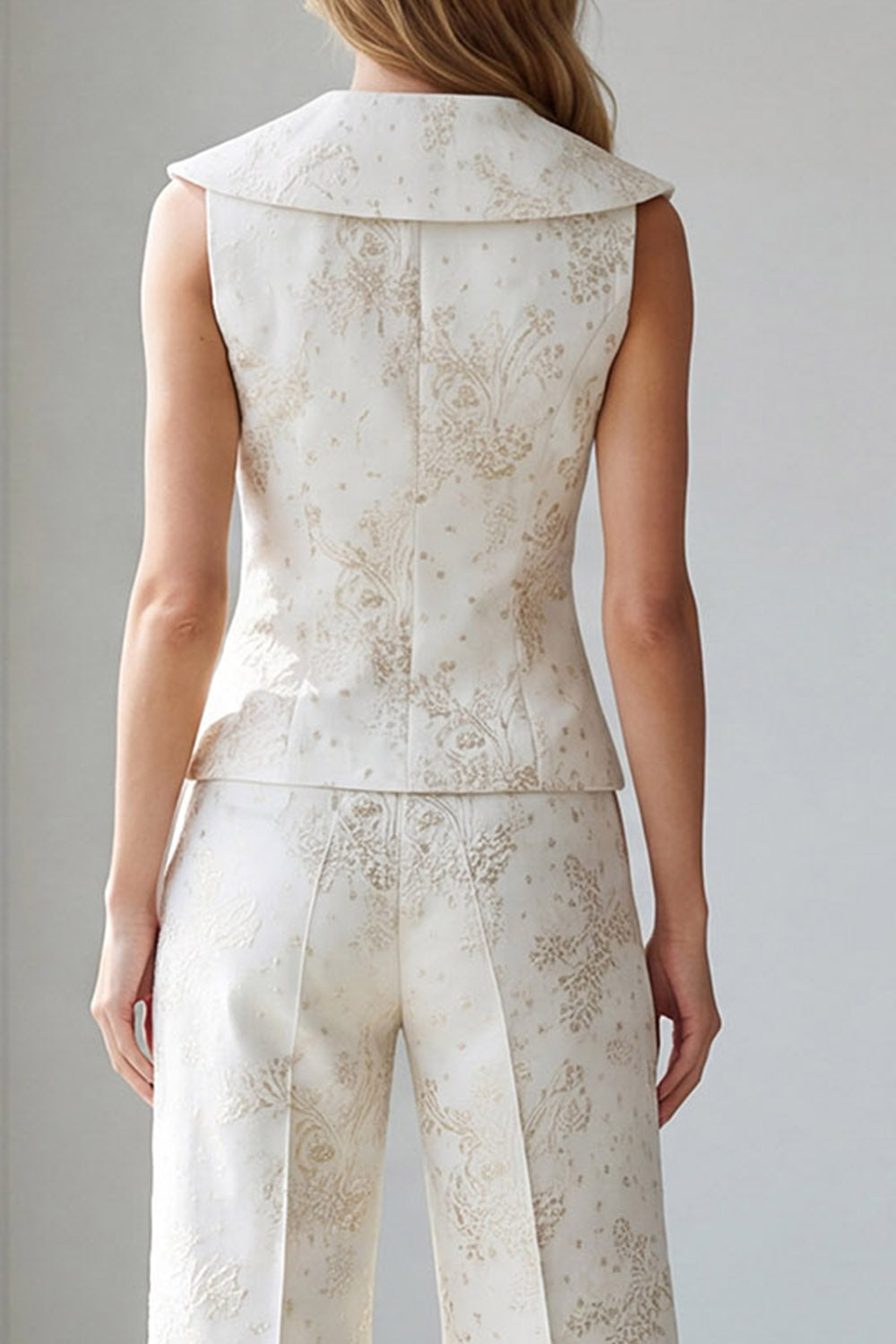 2 Piece Ivory Jacquard Single Breasted V Neck Business Suits