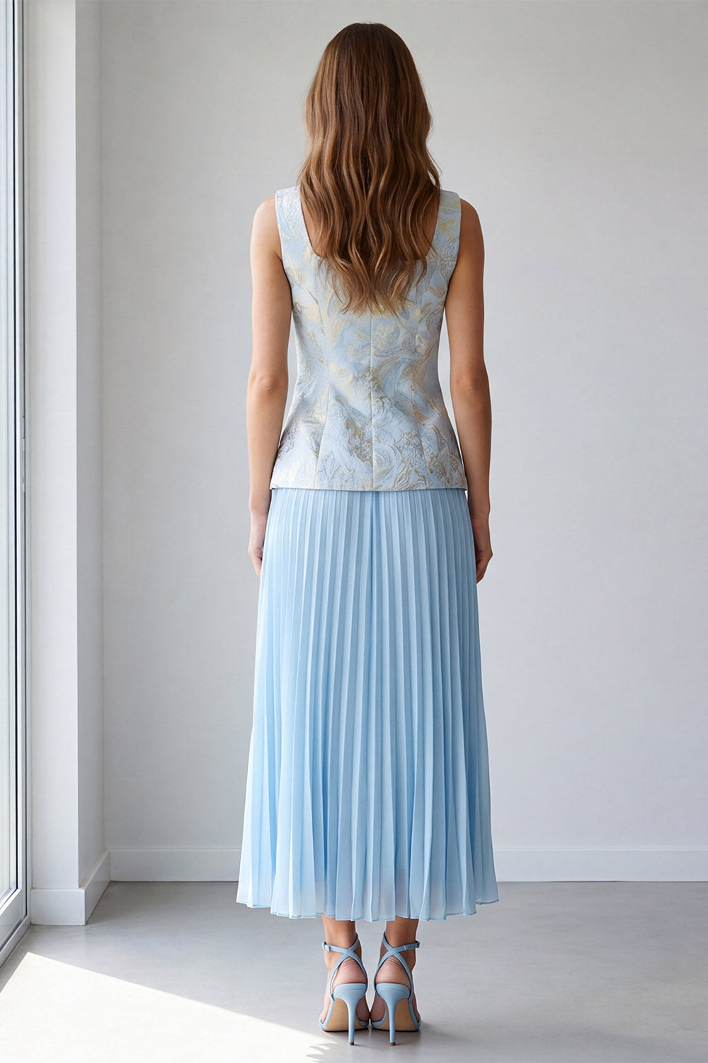 Light Blue 2 Piece Pleated Single Breasted Square Neck Business Suits