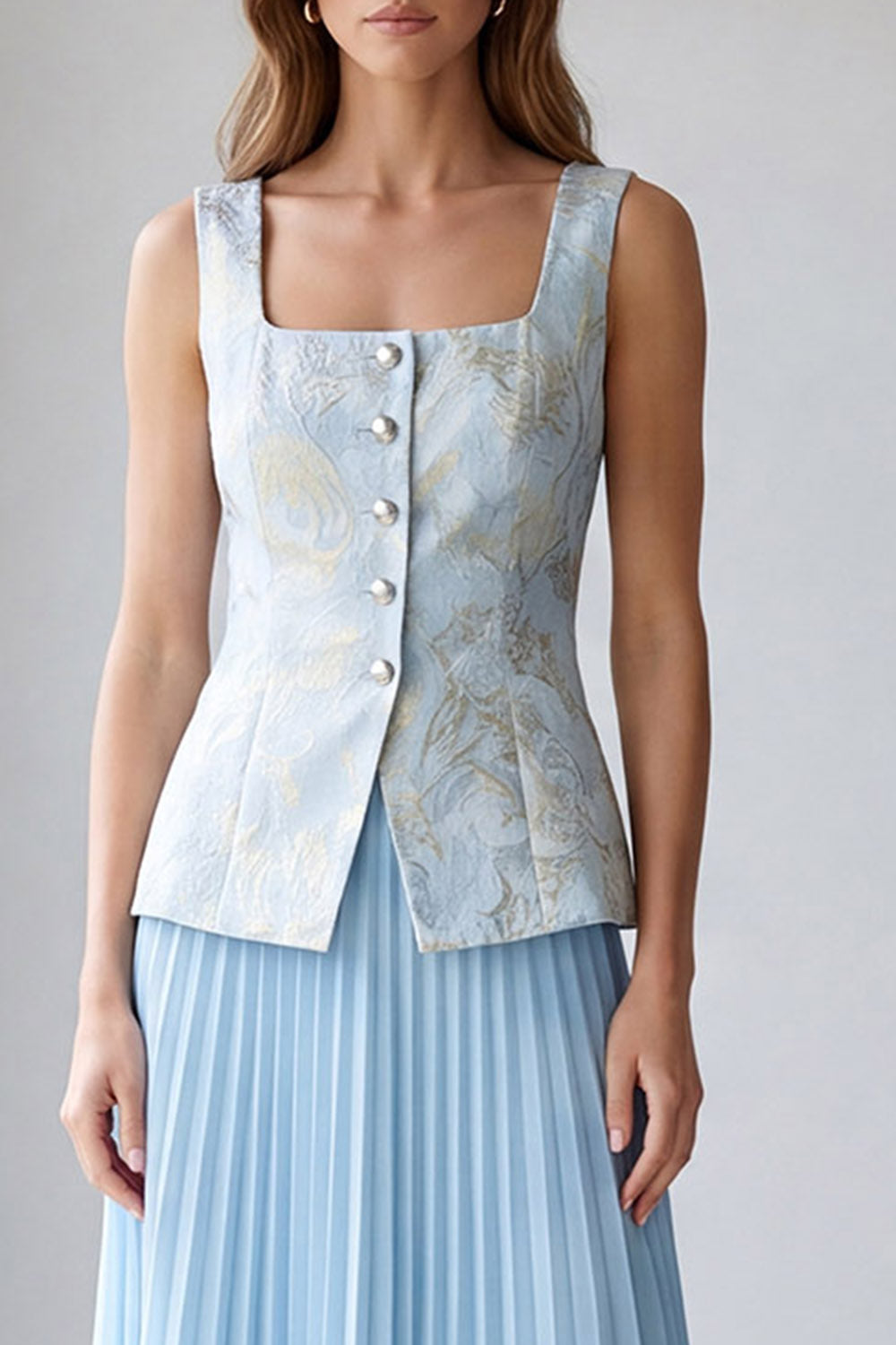 Light Blue 2 Piece Pleated Single Breasted Square Neck Business Suits