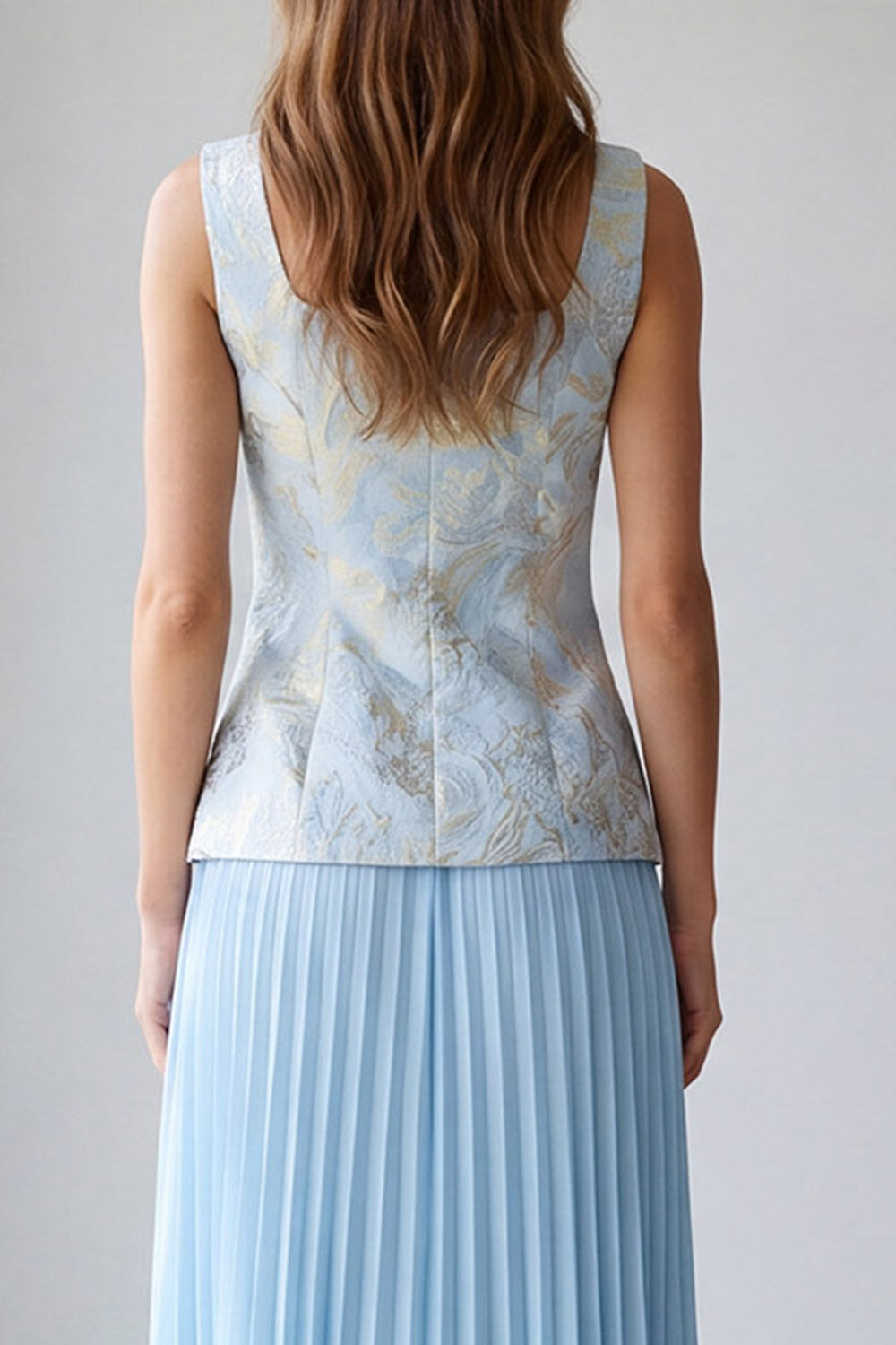 Light Blue 2 Piece Pleated Single Breasted Square Neck Business Suits