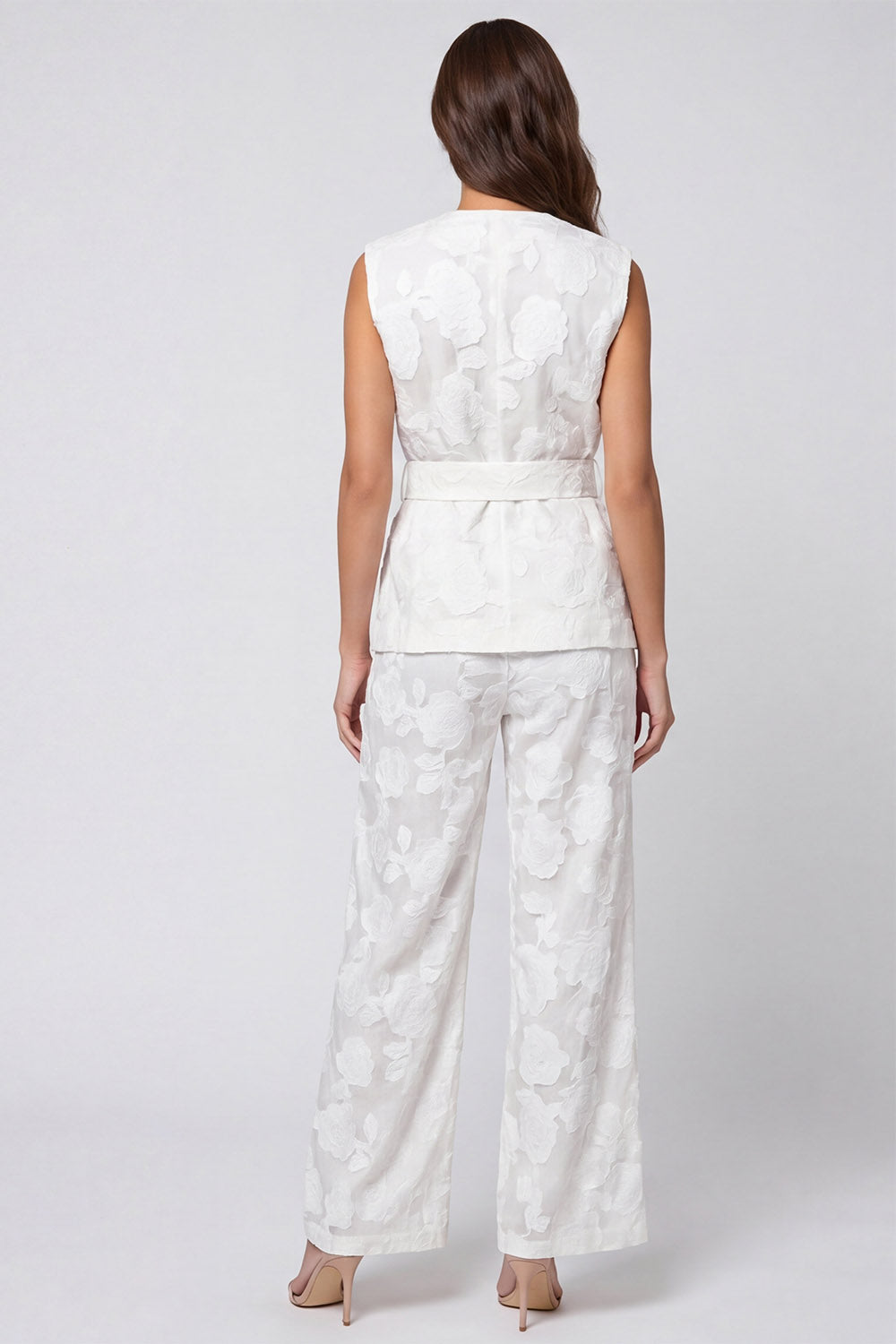 Ivory Floral 2 Piece V Neck Business Suits with Belt