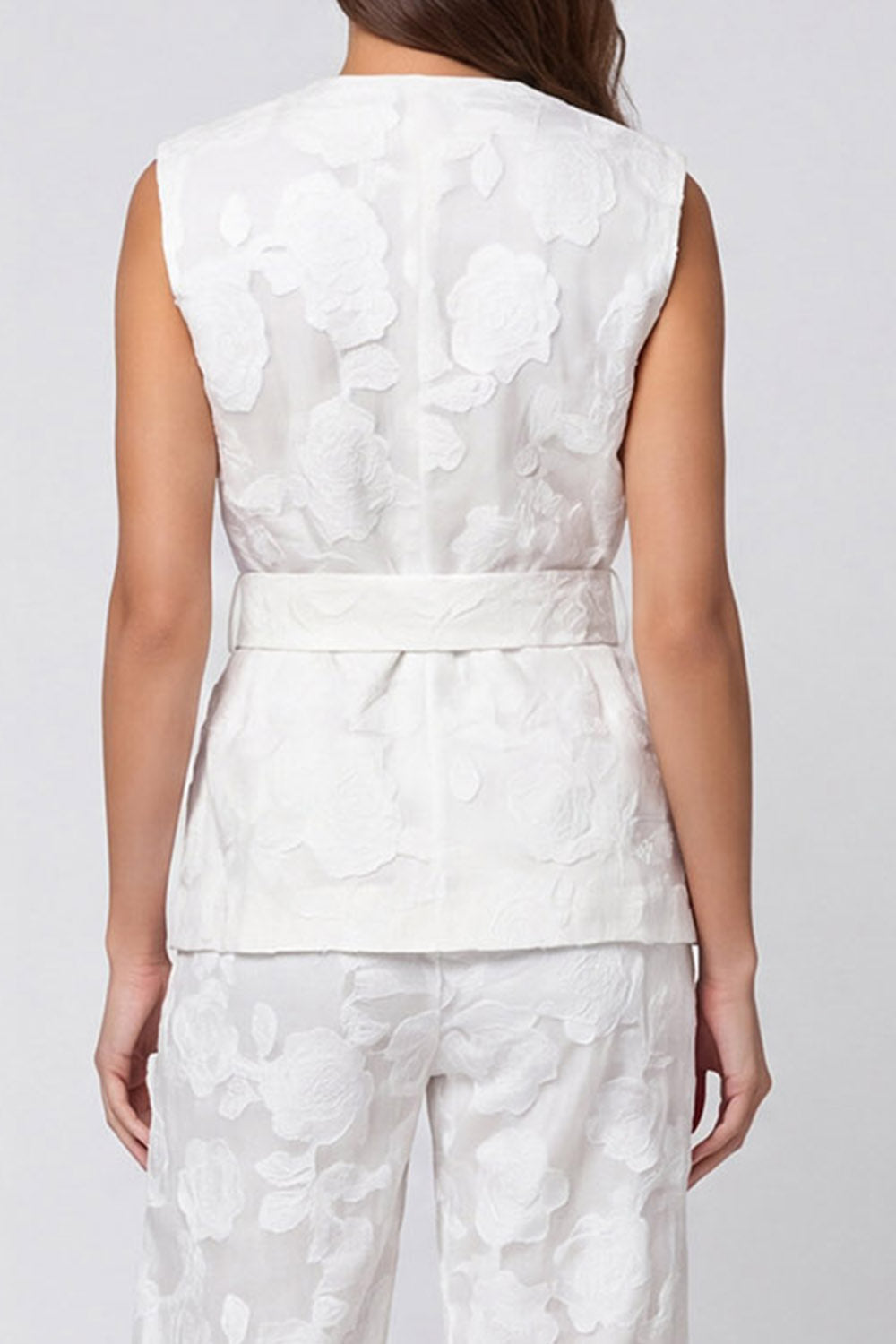 Ivory Floral 2 Piece V Neck Business Suits with Belt