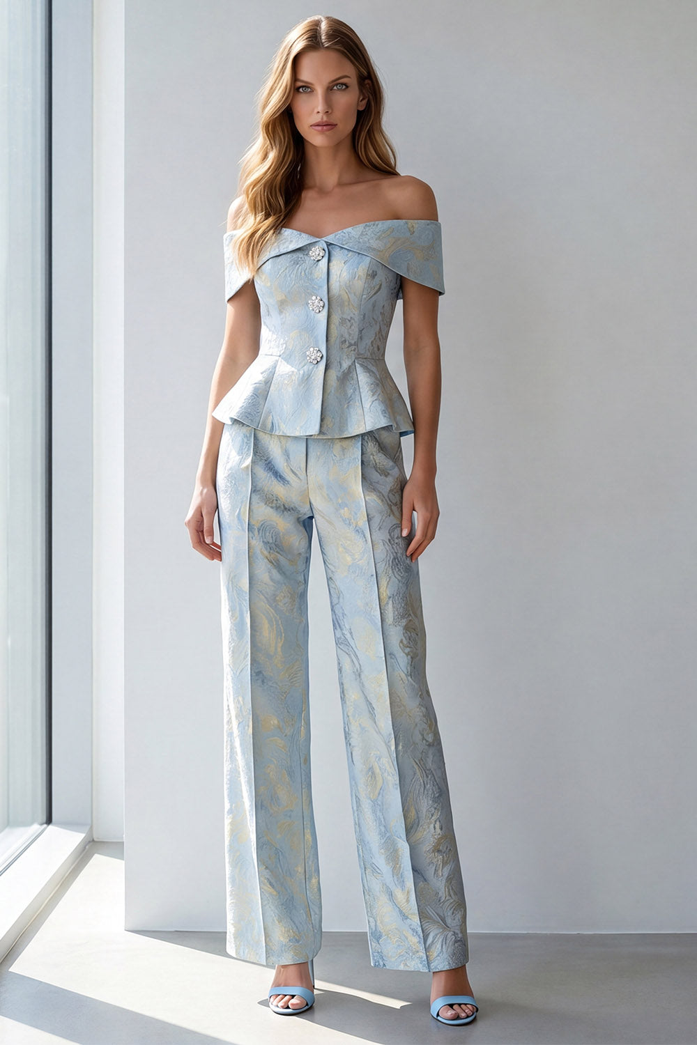 Light Blue Floral Single Breasted Off The Shoulder Business Suits