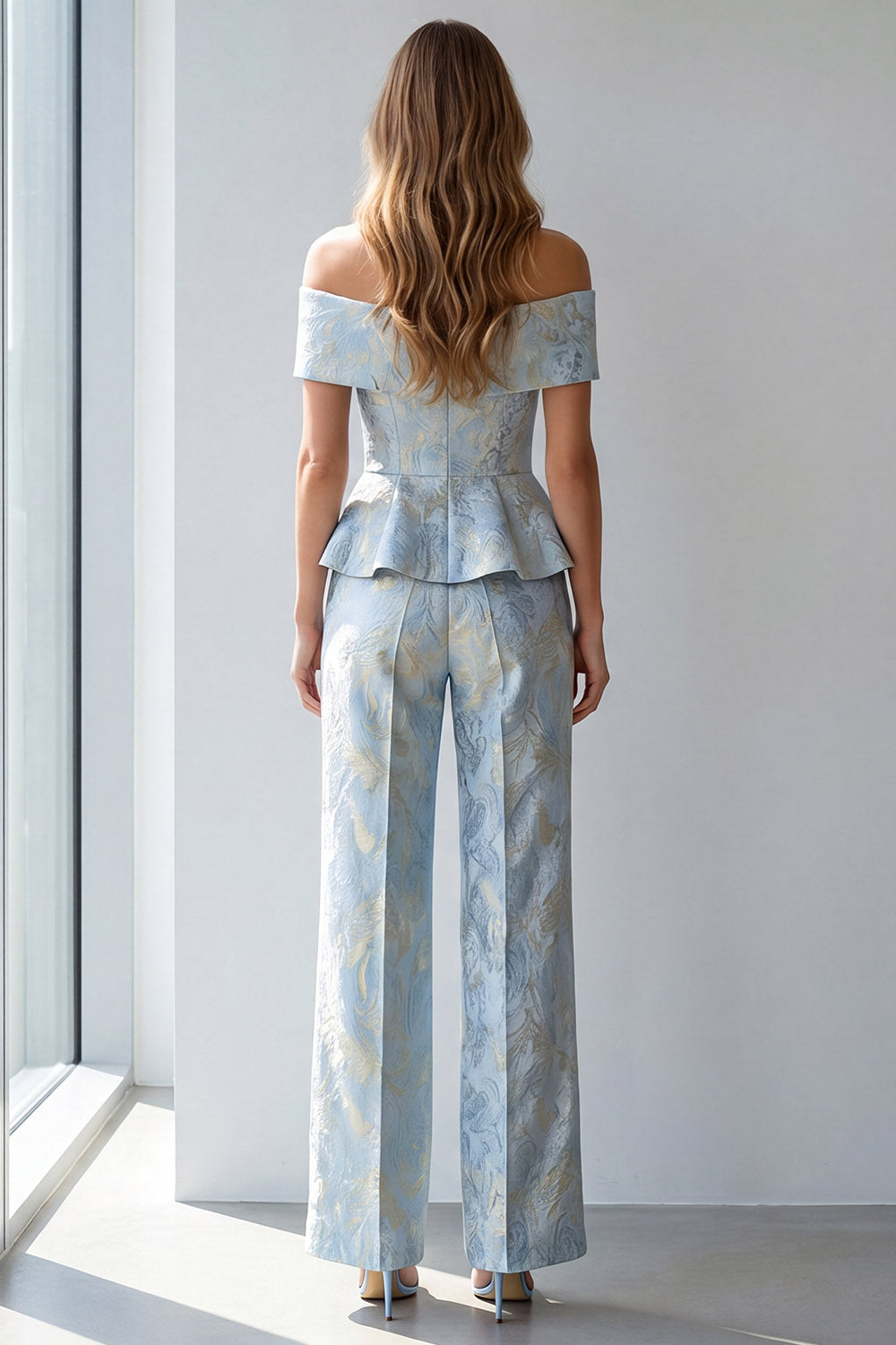 Light Blue Floral Single Breasted Off The Shoulder Business Suits