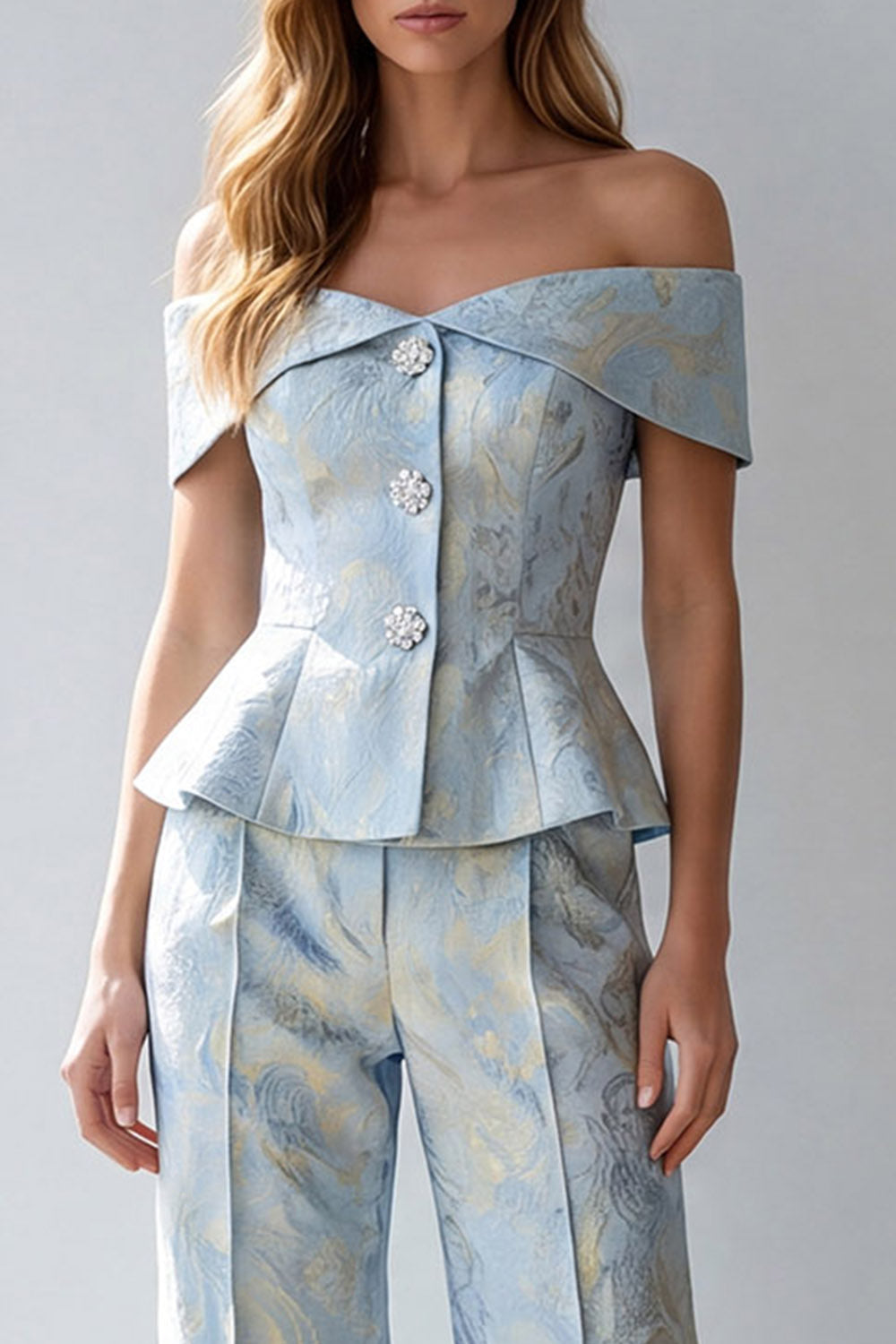 Light Blue Floral Single Breasted Off The Shoulder Business Suits