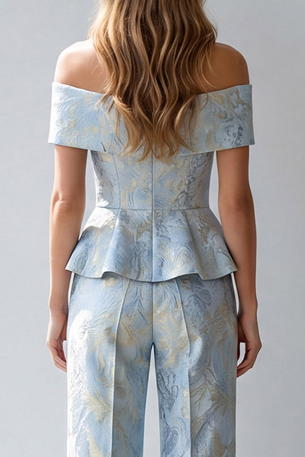 Light Blue Floral Single Breasted Off The Shoulder Business Suits