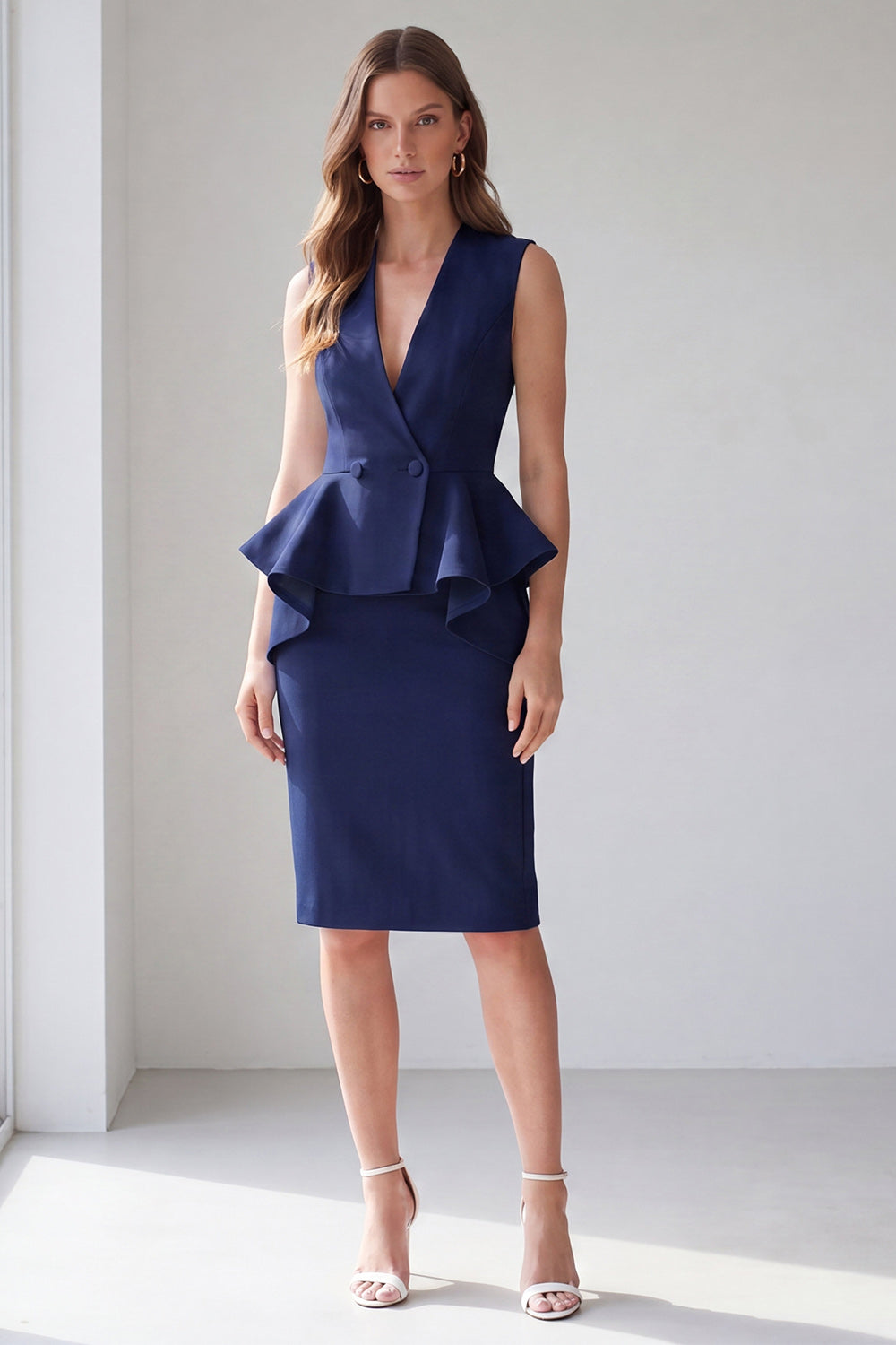 Ivory Midi 2 Piece V Neck Double Breasted Business Suits