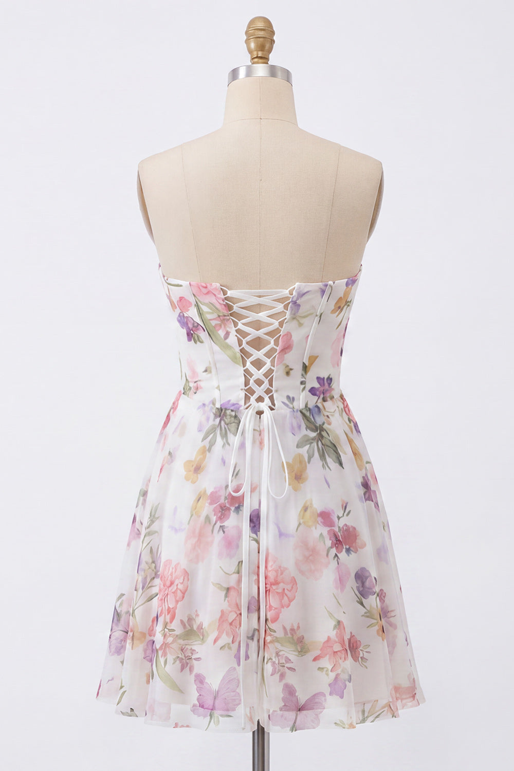 Ivory Corset Floral Strapless A Line Short Homecoming Dress