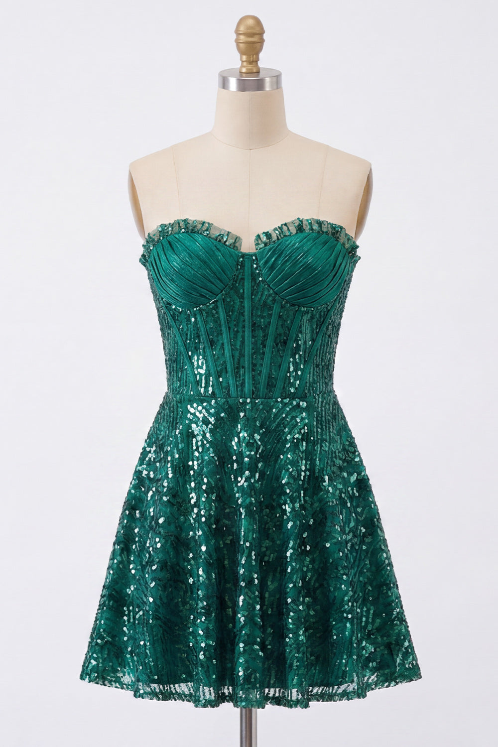 Sparkly Dark Green Sequins Strapless Corset A Line Short Homecoming Dress