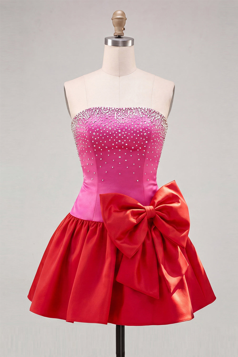 White and Black Satin Beaded A-Line Short Homecoming Dress with Bow