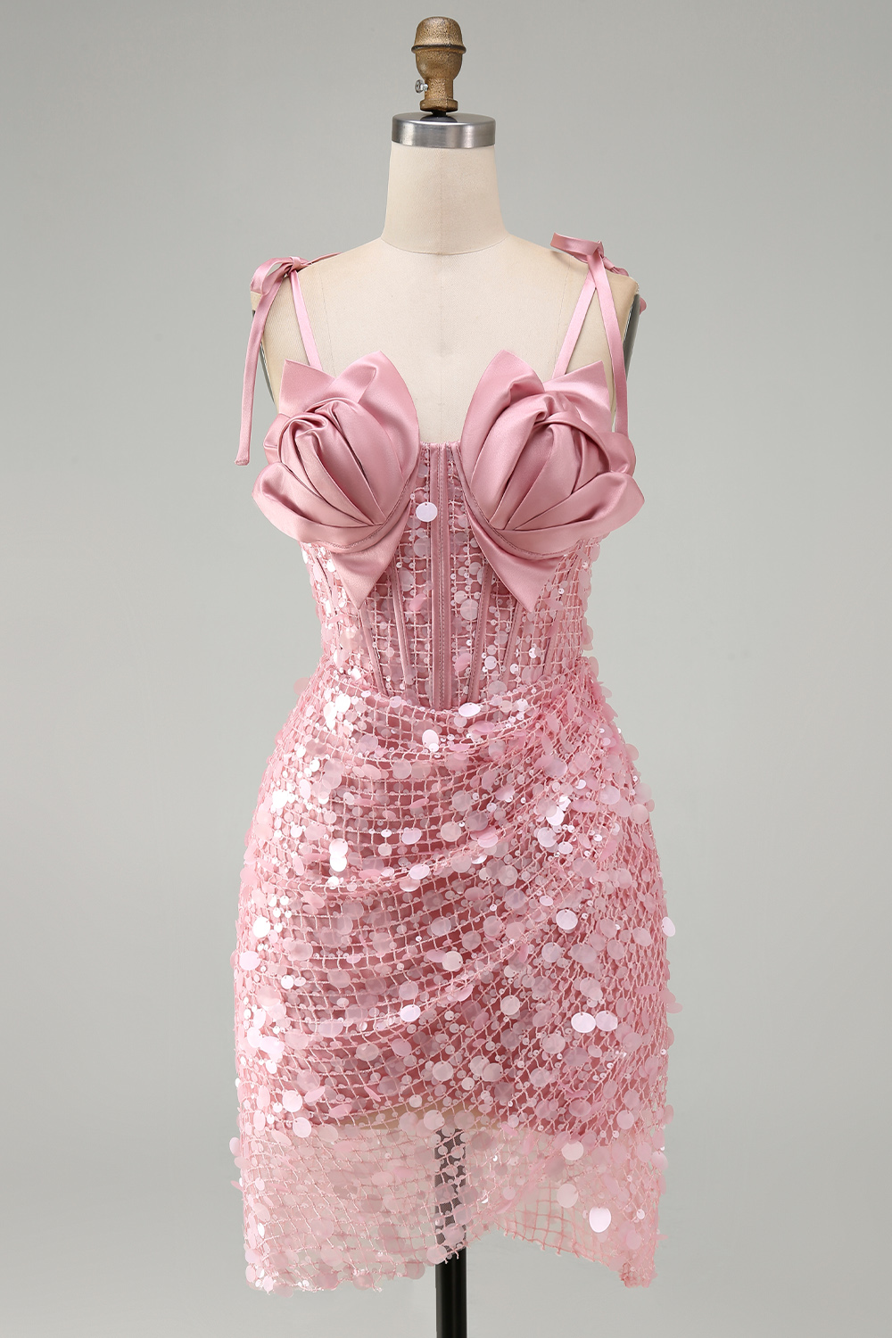 Sparkly Pink Sequin Corset Tight Short Homecoming Dress with Bows