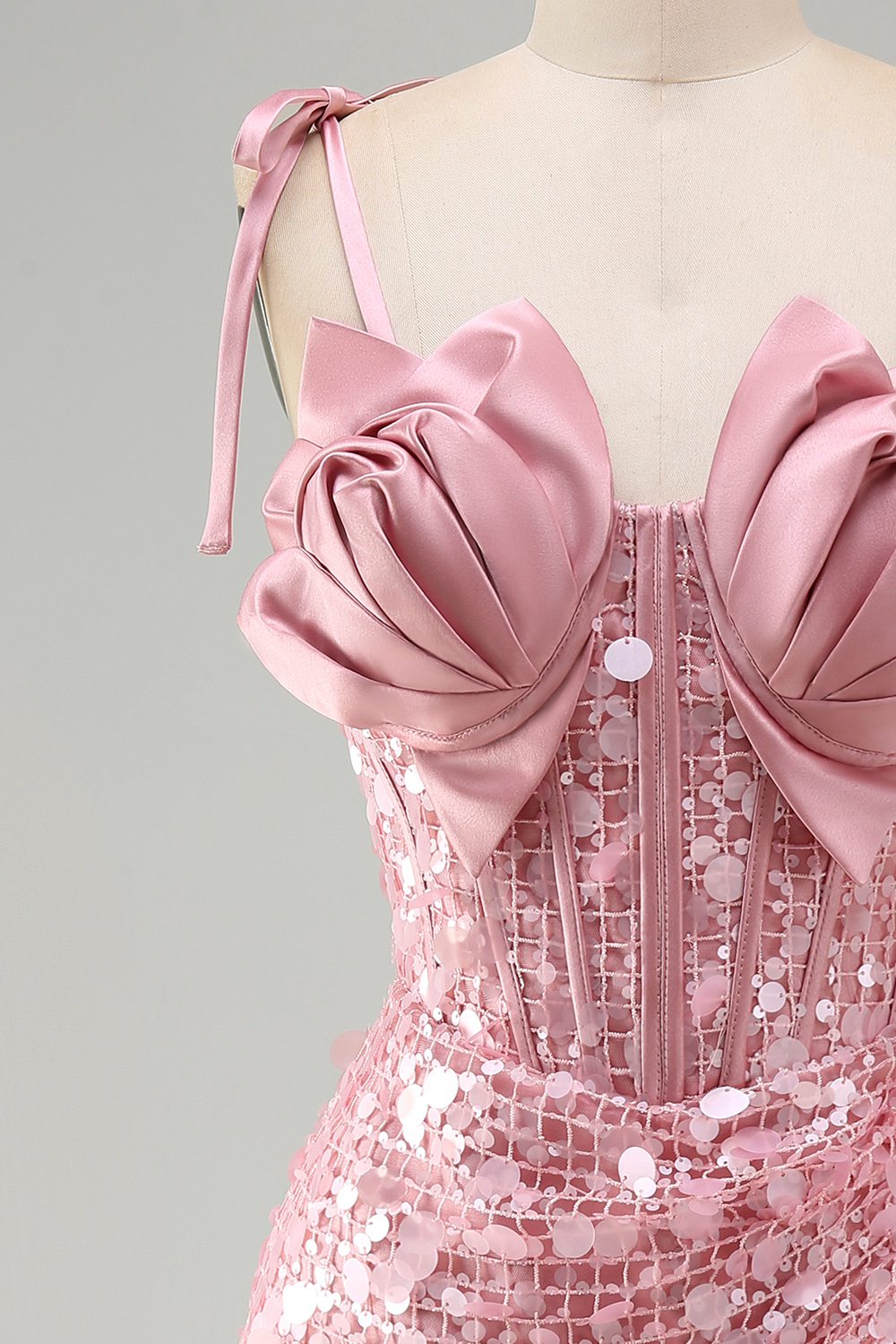 Sparkly Pink Sequin Corset Tight Short Homecoming Dress with Bows
