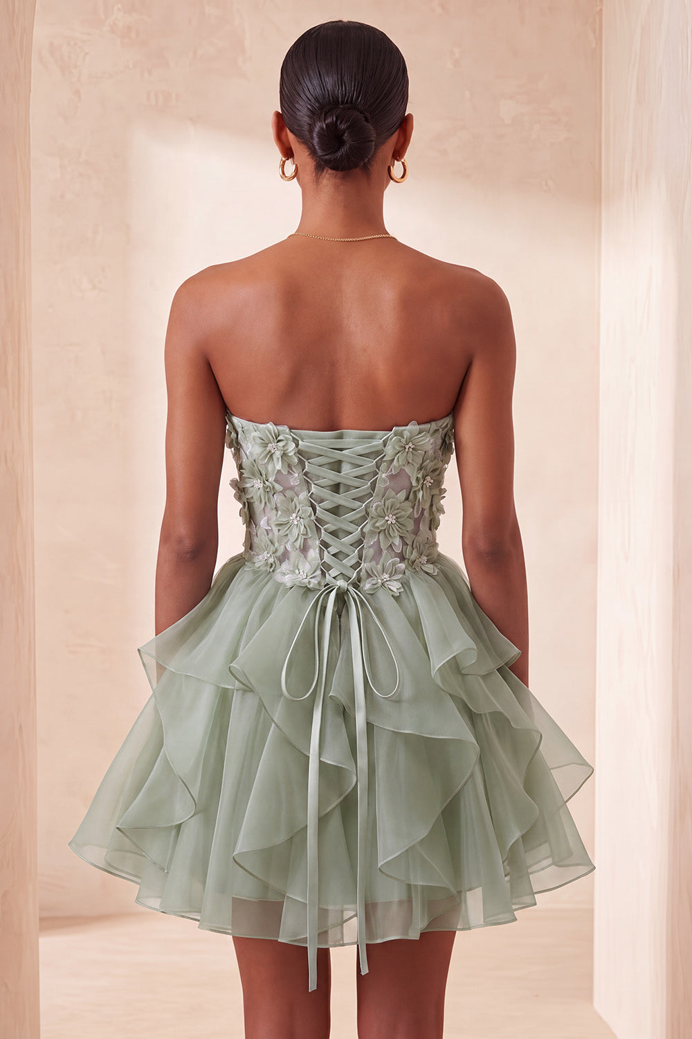 Floral Sage Green Corset Ruffled Short Homcoming Dress