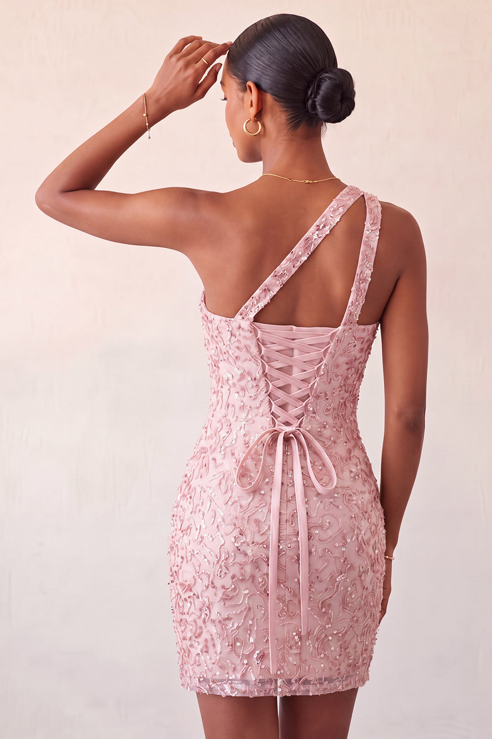 Sparkly Blush Sequin One Shoulder Short Tight Homcoming Dress