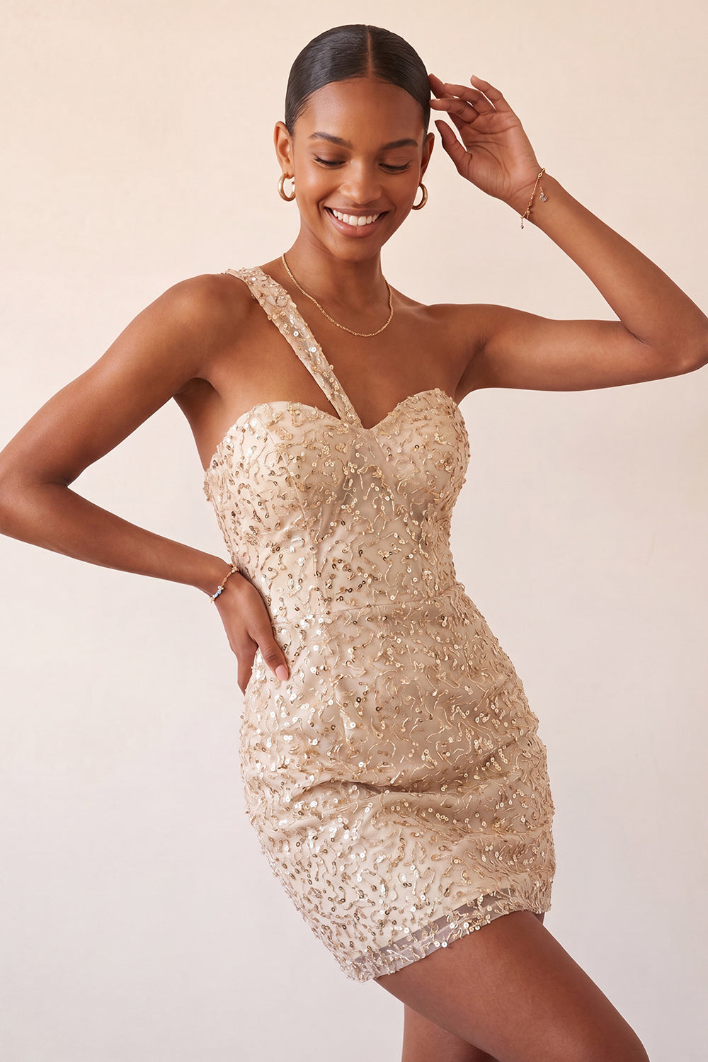 Sparkly Blush Sequin One Shoulder Short Tight Homcoming Dress