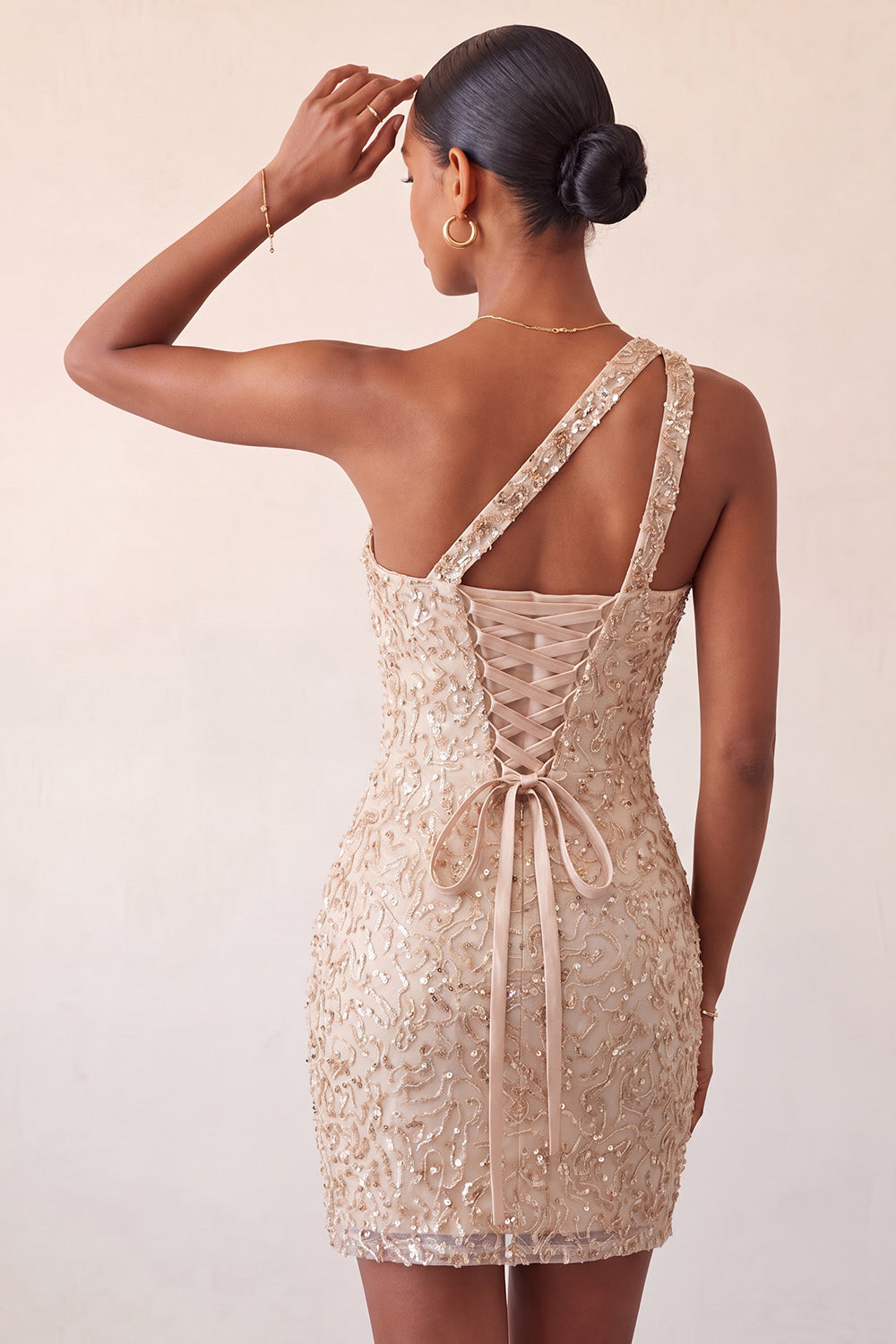 Sparkly Blush Sequin One Shoulder Short Tight Homcoming Dress