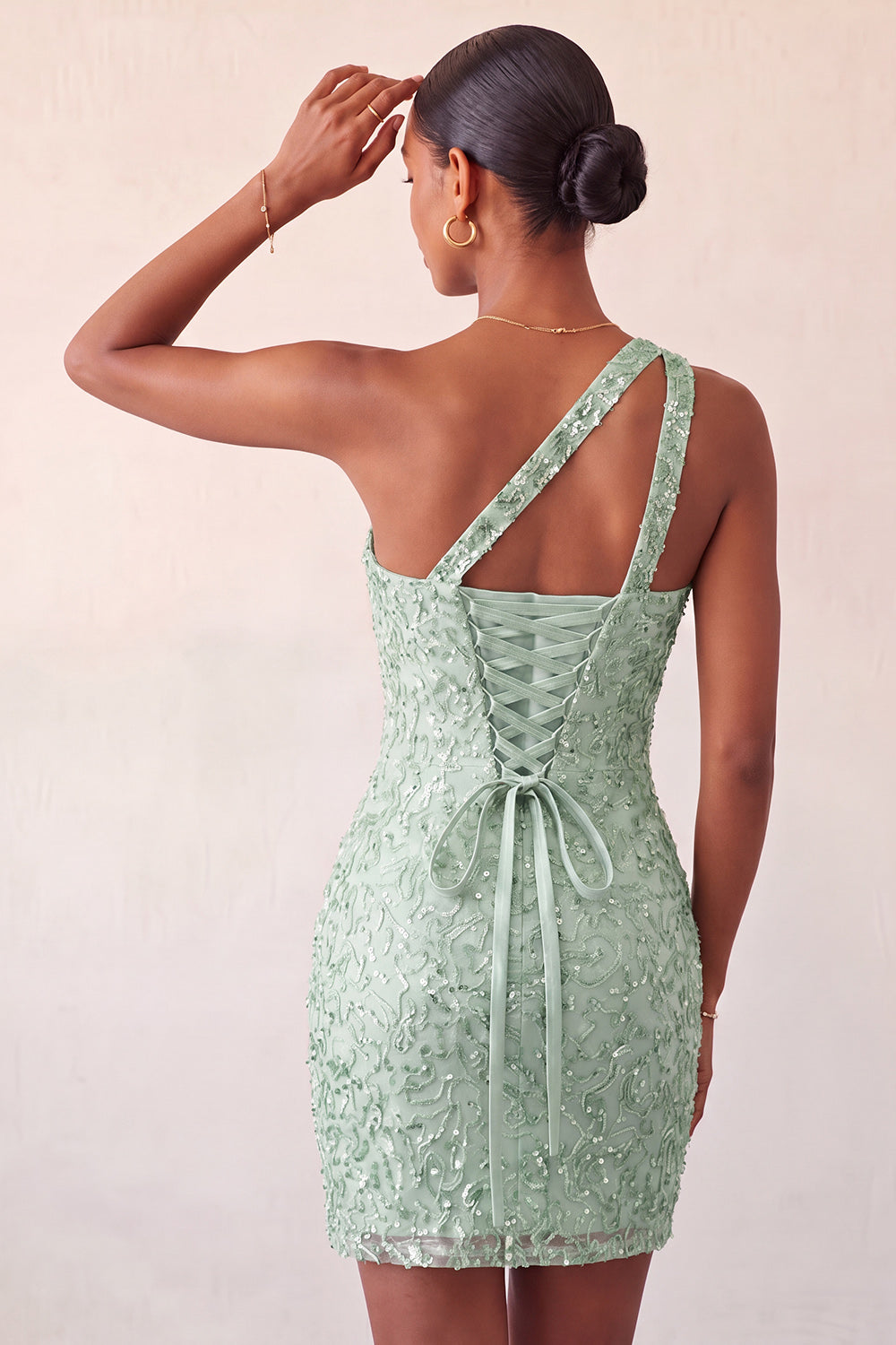 Sparkly Blush Sequin One Shoulder Short Tight Homcoming Dress