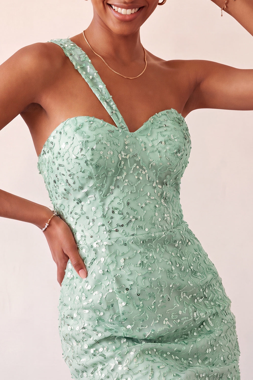Sparkly Blush Sequin One Shoulder Short Tight Homcoming Dress