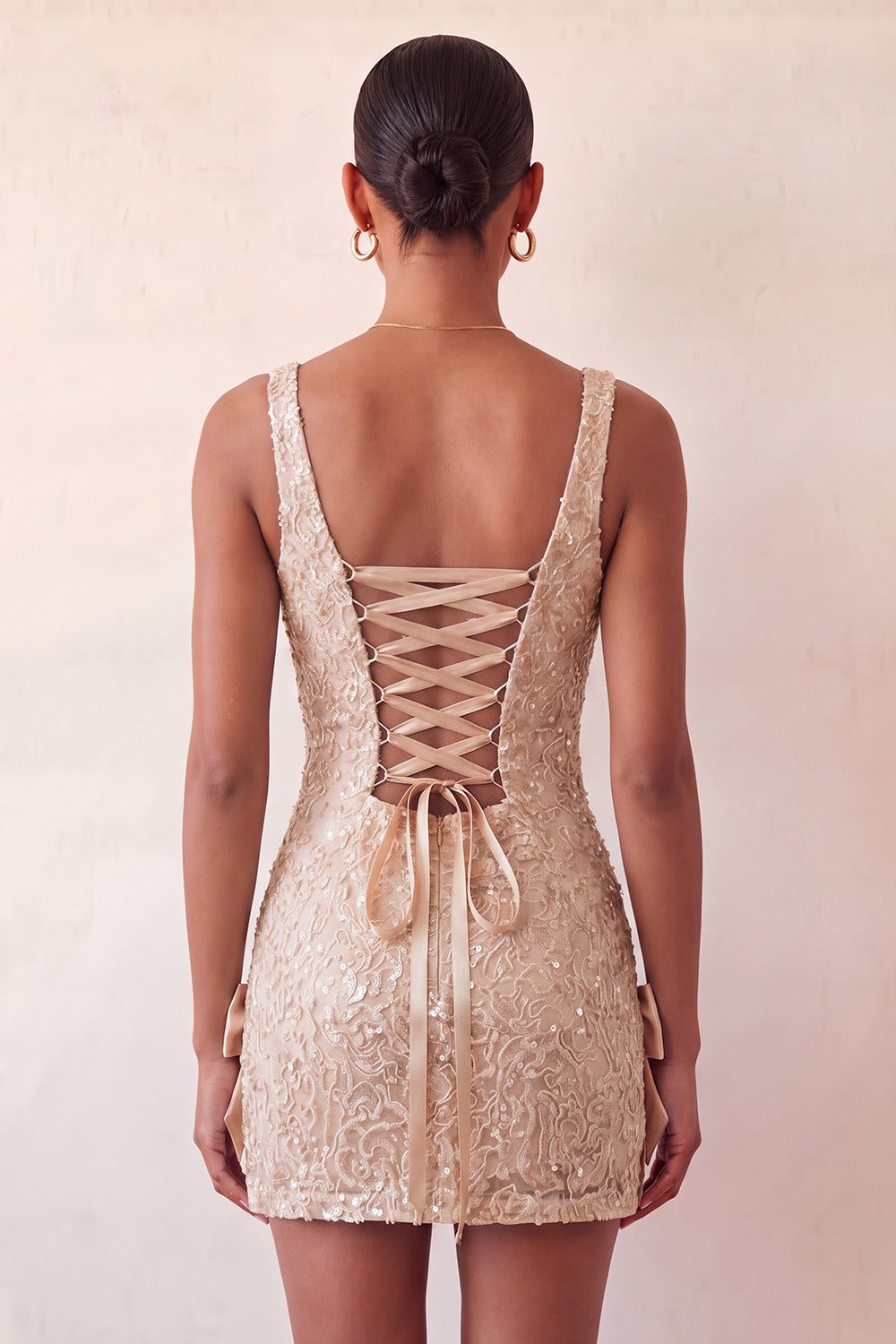 Sparkly Champagne Sequin Tight Short Homecoming Dress with Bows