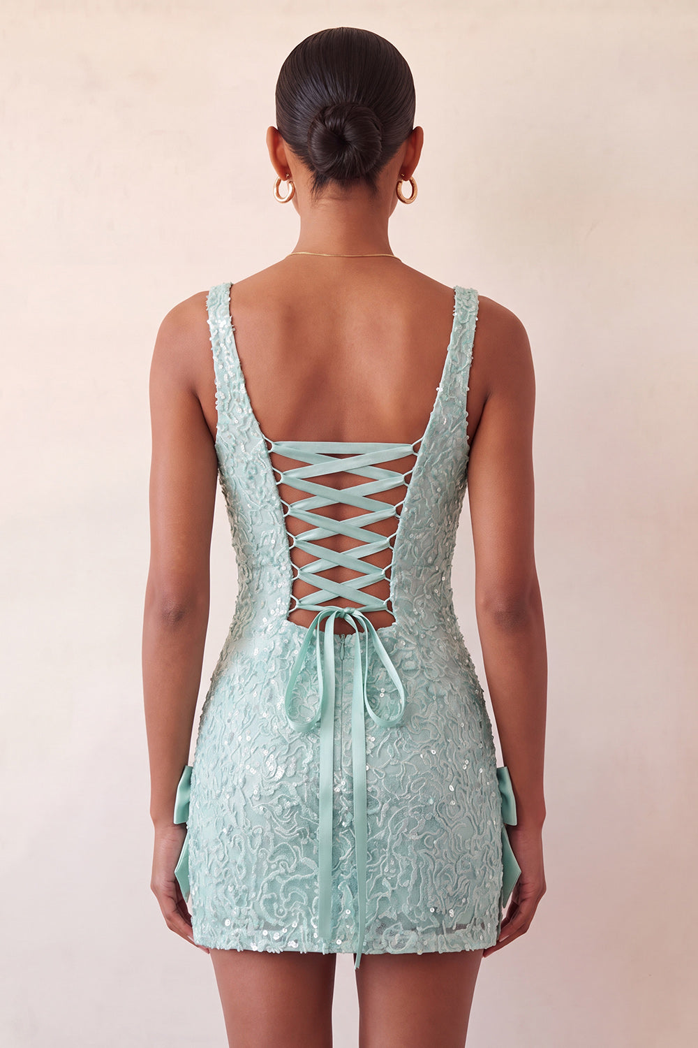Sparkly Champagne Sequin Tight Short Homecoming Dress with Bows