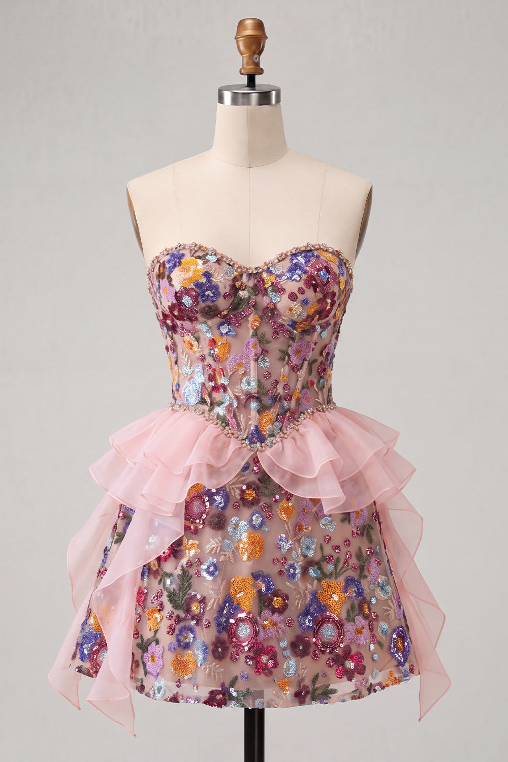 Sparkly Red Floral Corset Sequin Ruffled Short Homecoming Dress