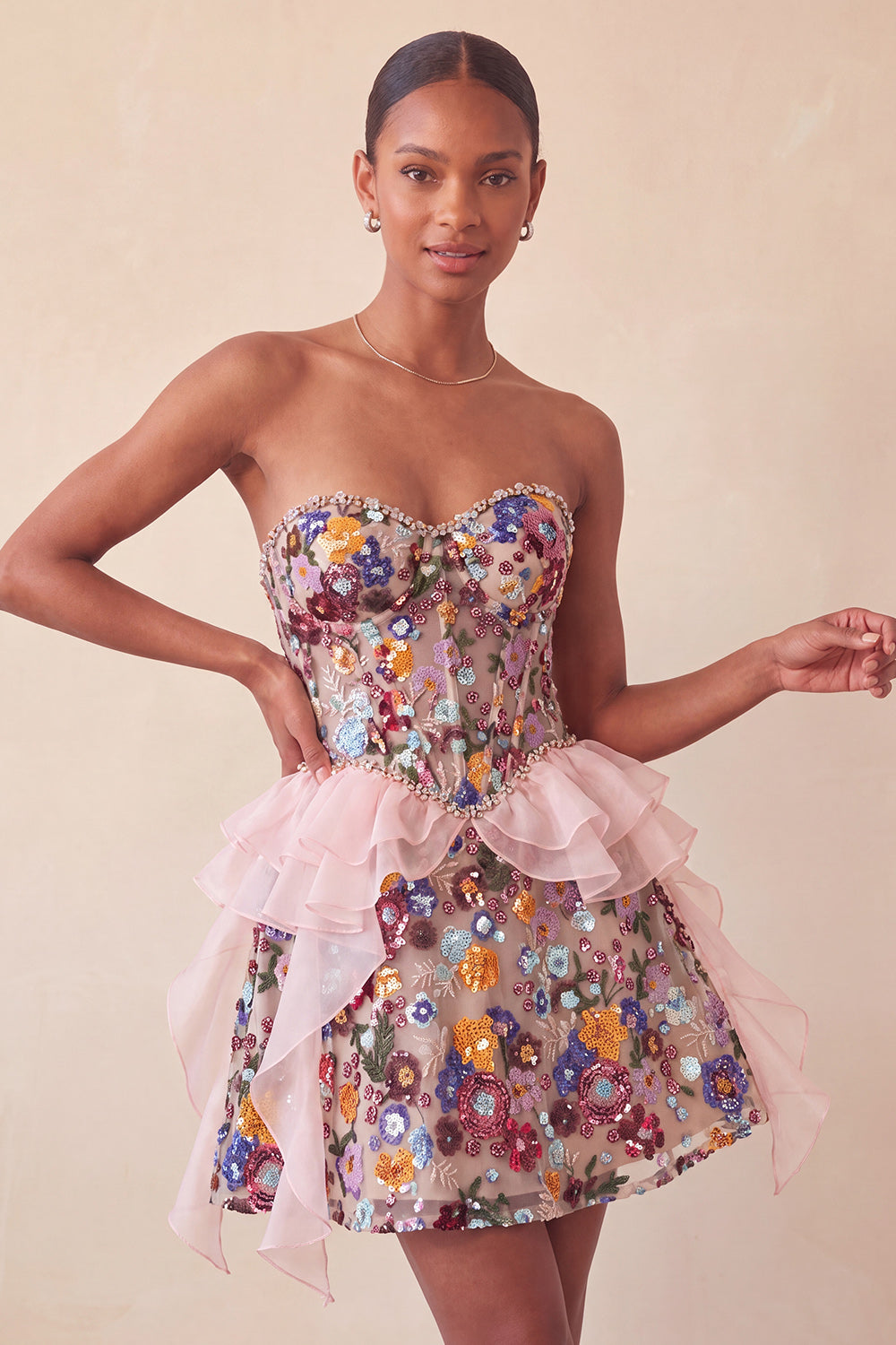 Sparkly Red Floral Corset Sequin Ruffled Short Homecoming Dress