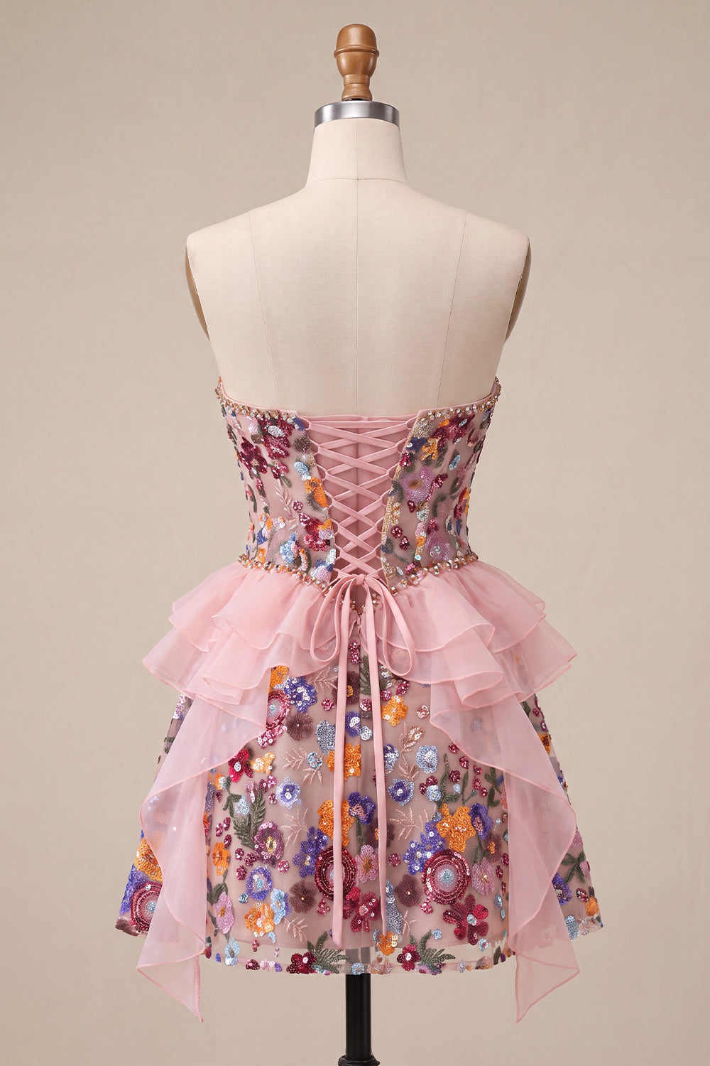 Sparkly Red Floral Corset Sequin Ruffled Short Homecoming Dress