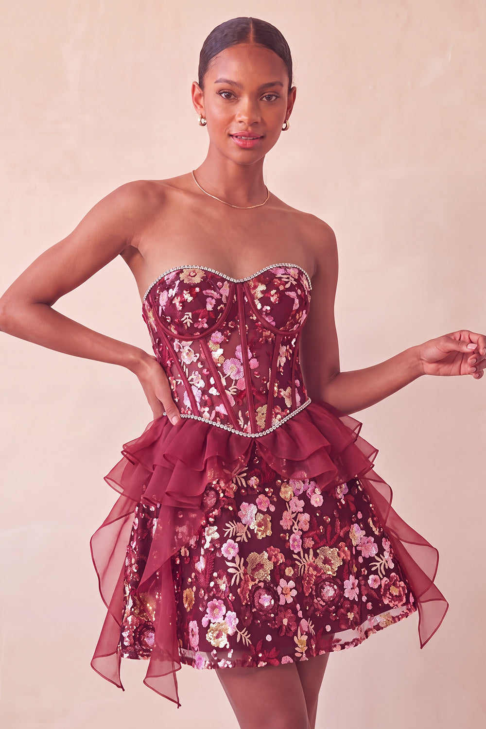 Sparkly Red Floral Corset Sequin Ruffled Short Homecoming Dress