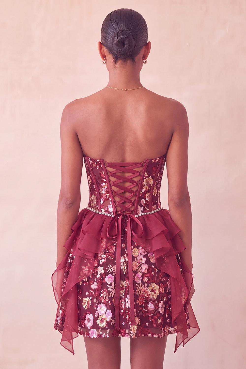 Sparkly Red Floral Corset Sequin Ruffled Short Homecoming Dress