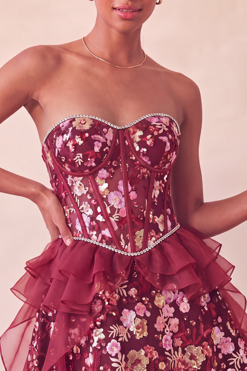 Sparkly Red Floral Corset Sequin Ruffled Short Homecoming Dress