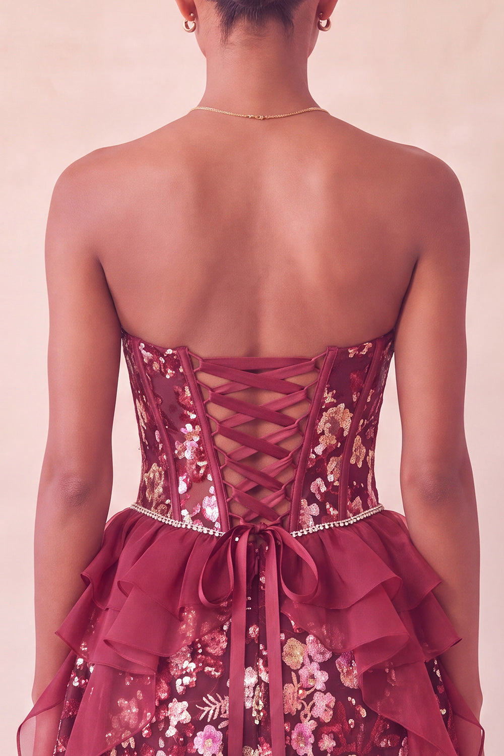 Sparkly Red Floral Corset Sequin Ruffled Short Homecoming Dress