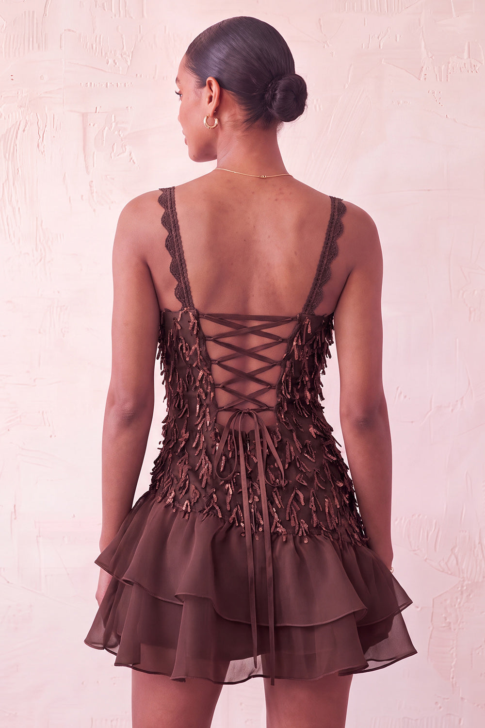 Chocolate Appliqued Ruffled A-Line Short Homecoming Dress with Lace