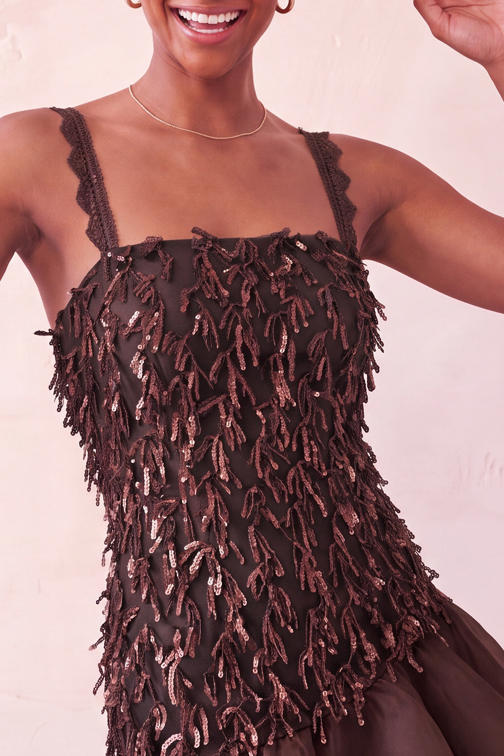 Chocolate Appliqued Ruffled A-Line Short Homecoming Dress with Lace