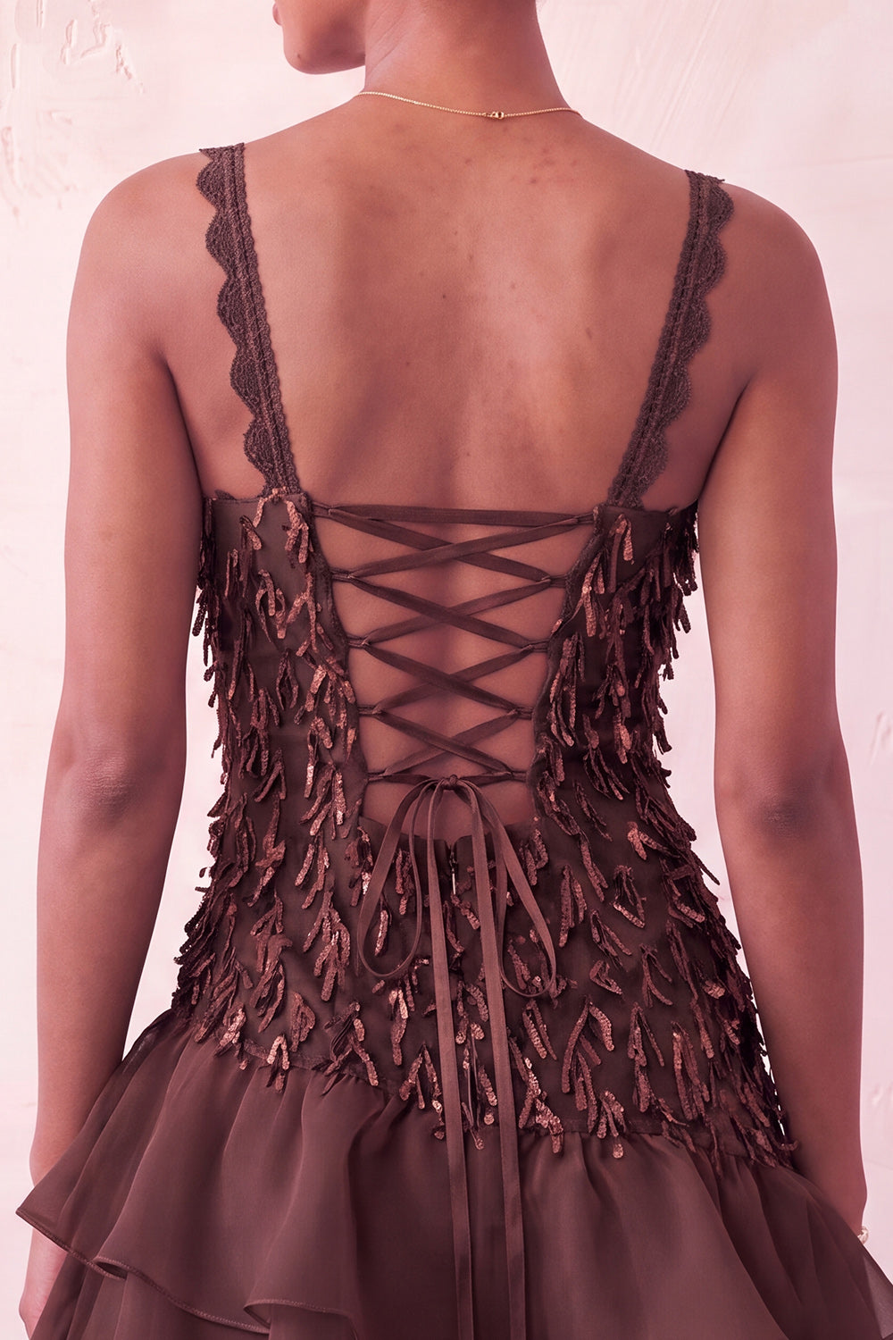 Chocolate Appliqued Ruffled A-Line Short Homecoming Dress with Lace