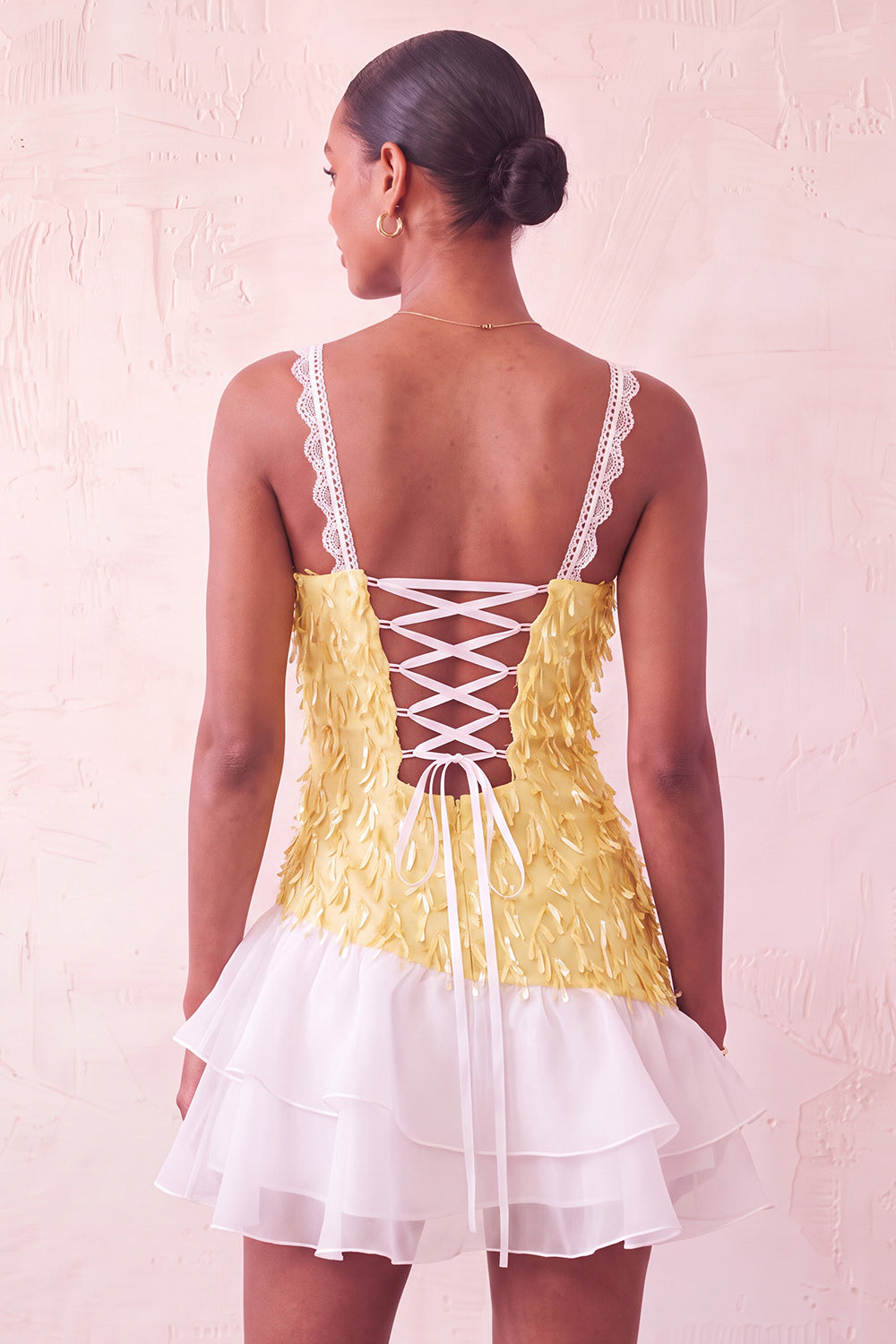 Chocolate Appliqued Ruffled A-Line Short Homecoming Dress with Lace