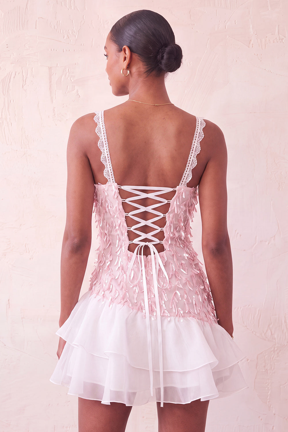 Chocolate Appliqued Ruffled A-Line Short Homecoming Dress with Lace