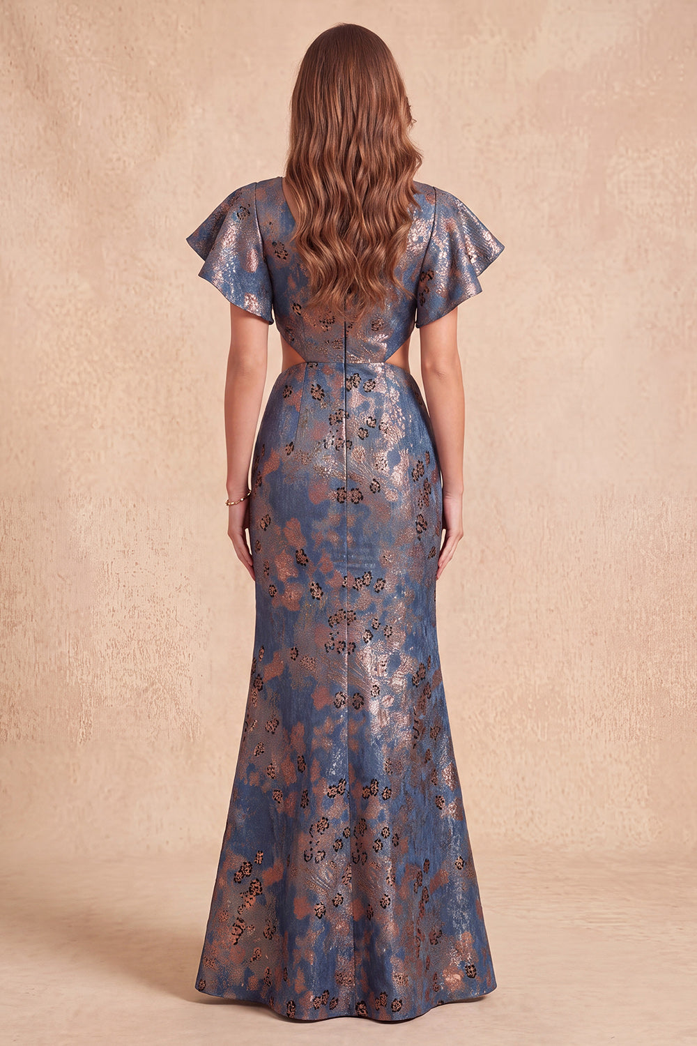 Navy Floral Mermaid V-Neck Long Wedding Guest Dress with Slit