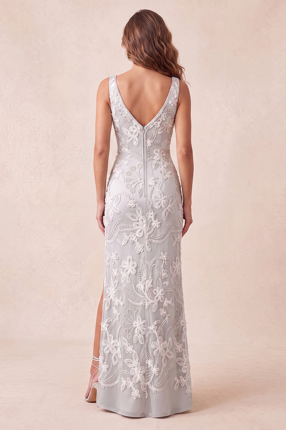 Sparkly Light Grey Floral Beaded Mermaid Long Evening Dress with Slit