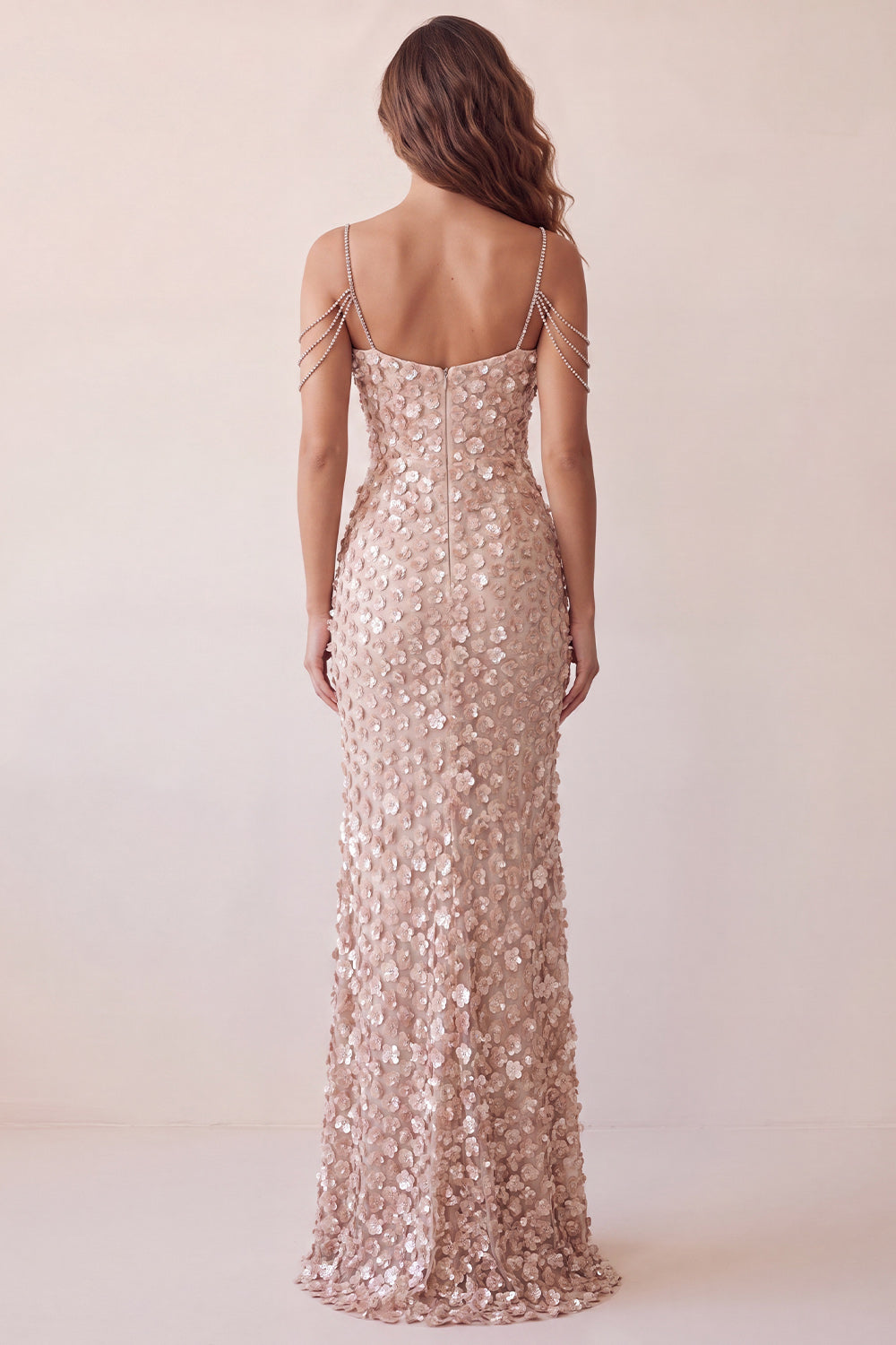 Sparkly Champagne Floral Sequin Mermaid Long Evening Dress with Slit
