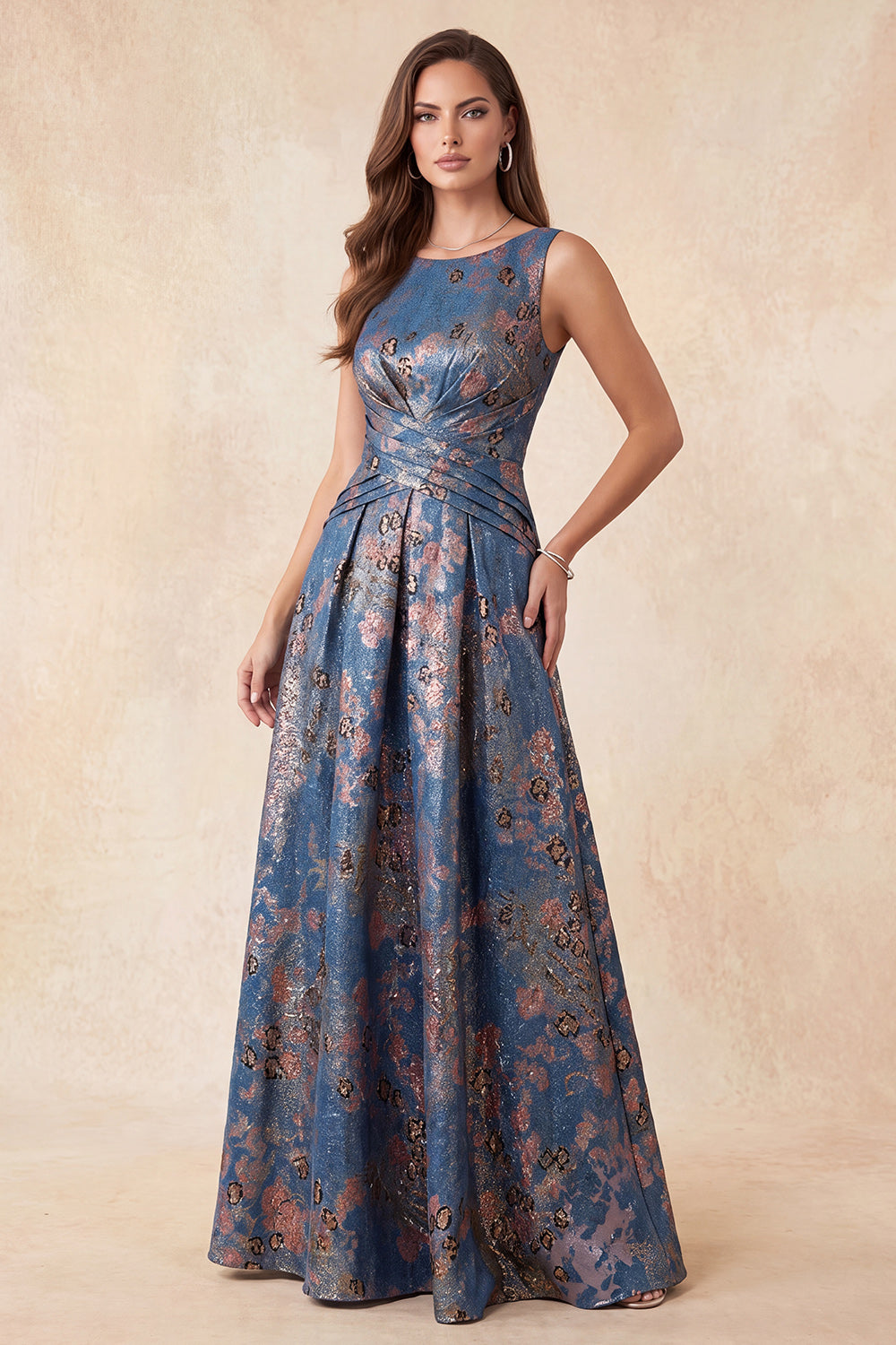 Navy Floral A-Line Boat Neck Ruched Long Wedding Guest Dress