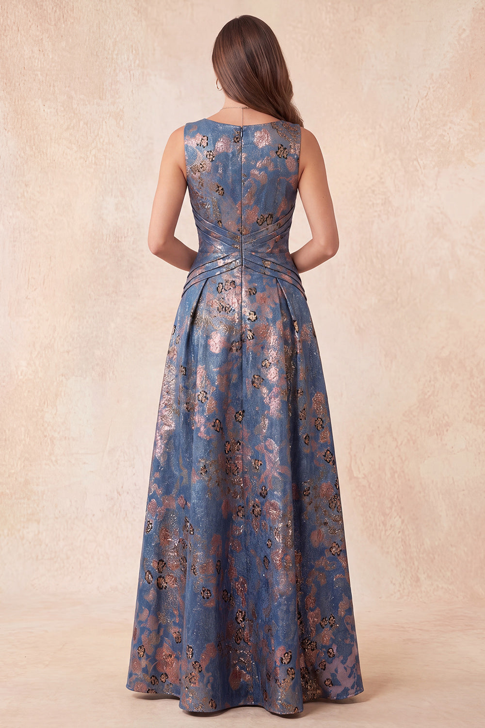 Navy Floral A-Line Boat Neck Ruched Long Wedding Guest Dress