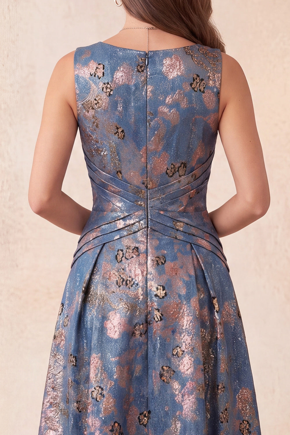 Navy Floral A-Line Boat Neck Ruched Long Wedding Guest Dress