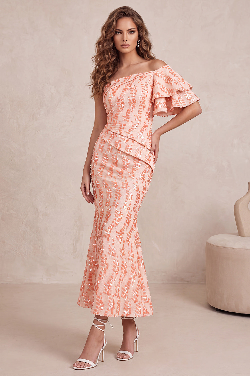 Peach Sparkly Mermaid Sequin One Shoulder Long Wedding Guest Dress