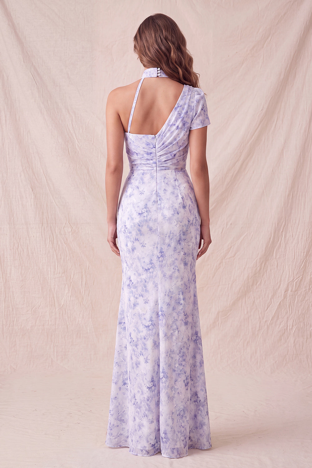 Floral Lilac Mermaid One Shoulder Long Wedding Guest Dress with Slit